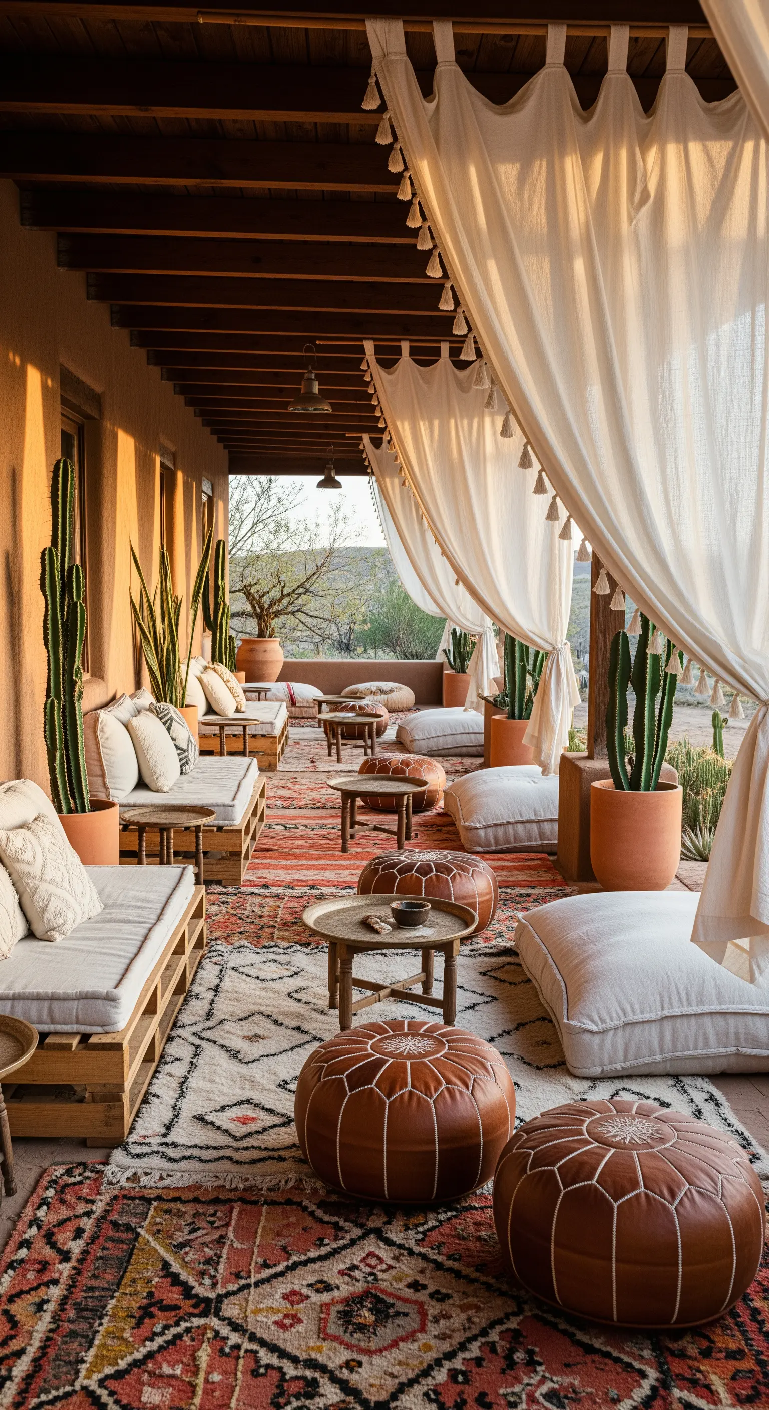 Grande patio in stile marocchino con divani su pallet, tappeti etnici sovrapposti e pouf in pelle.