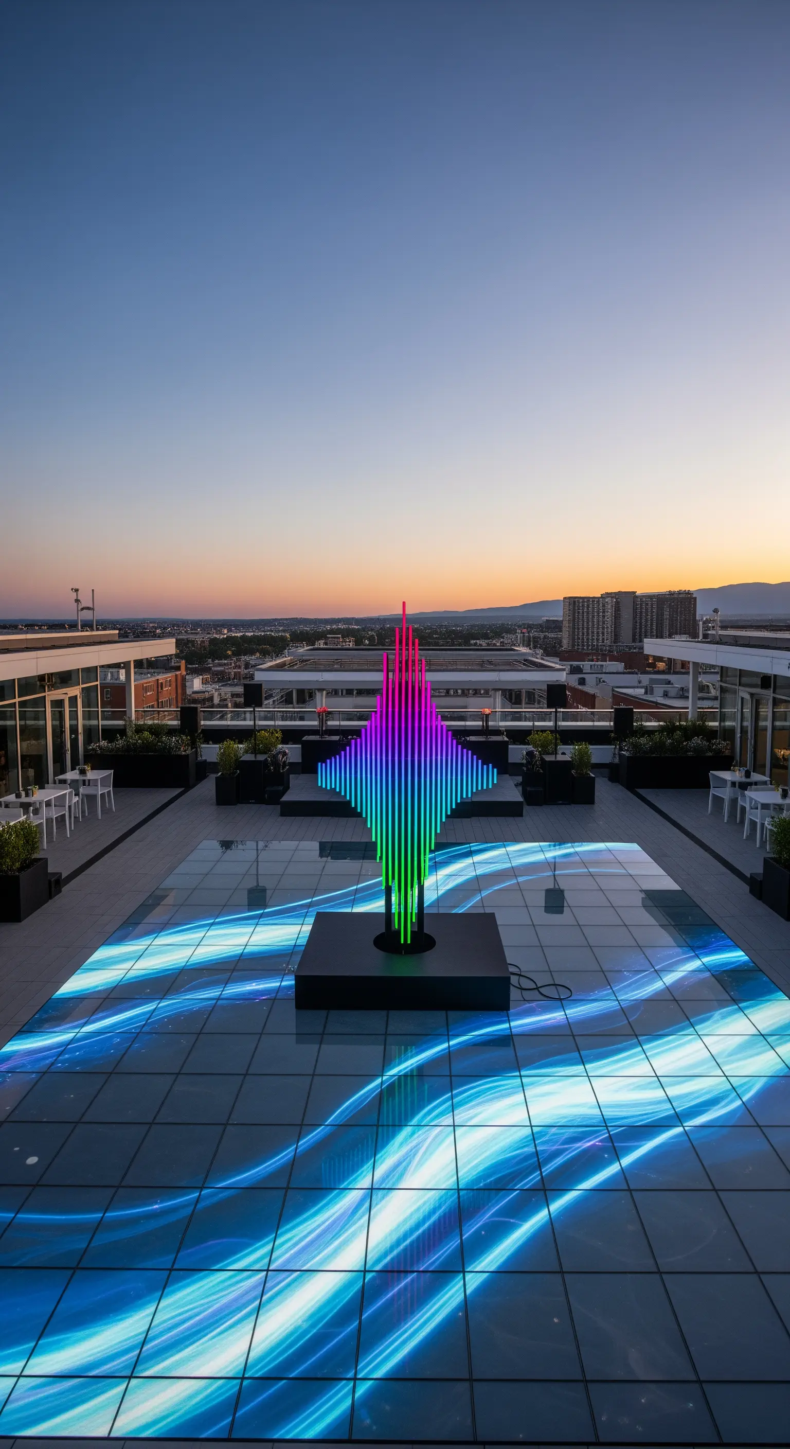 Terrazza con scultura luminosa colorata e pavimento a schermo LED che proietta immagini.