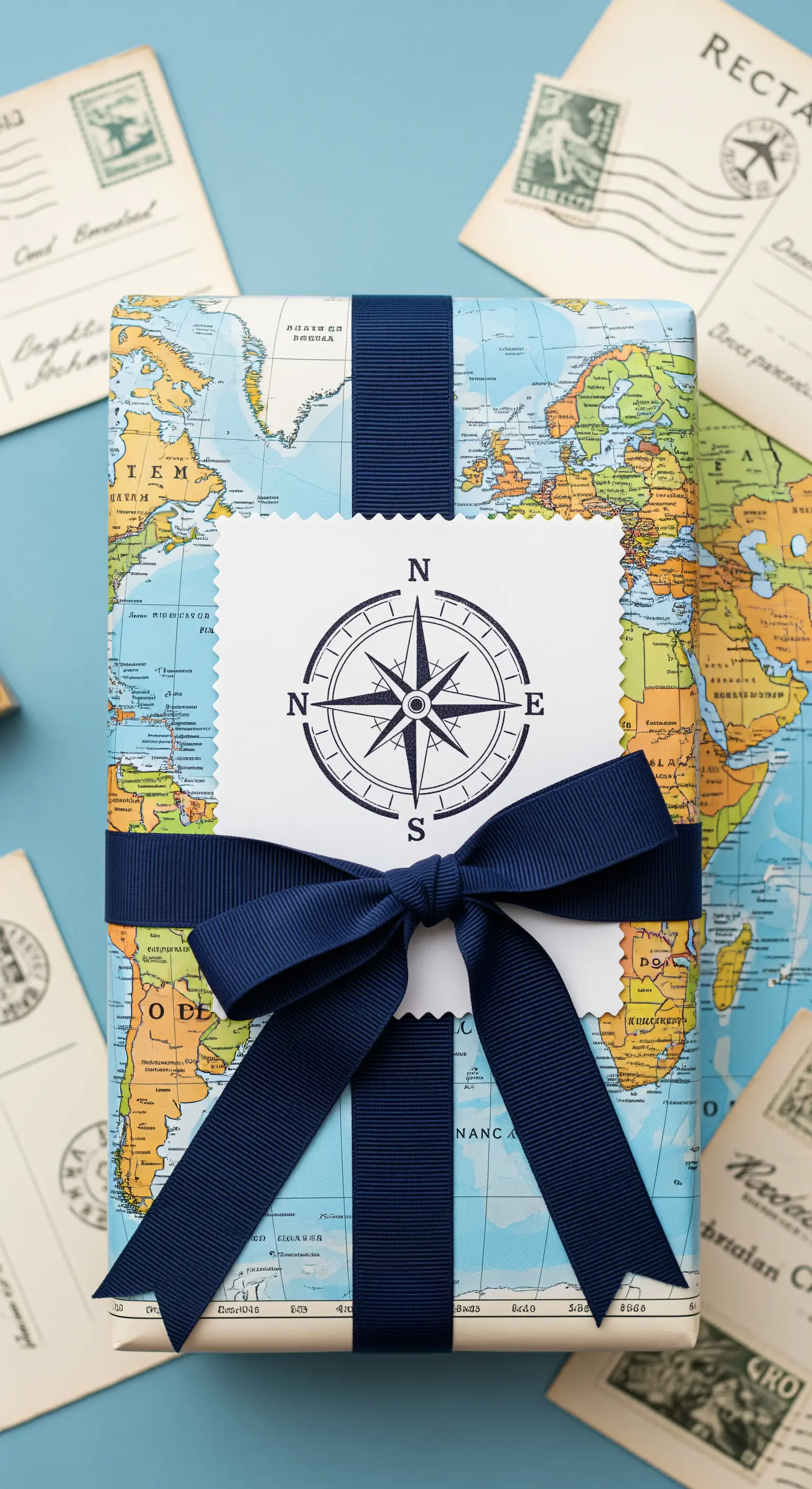 Regalo incartato con una mappa del mondo, nastro blu e un'etichetta con la rosa dei venti.