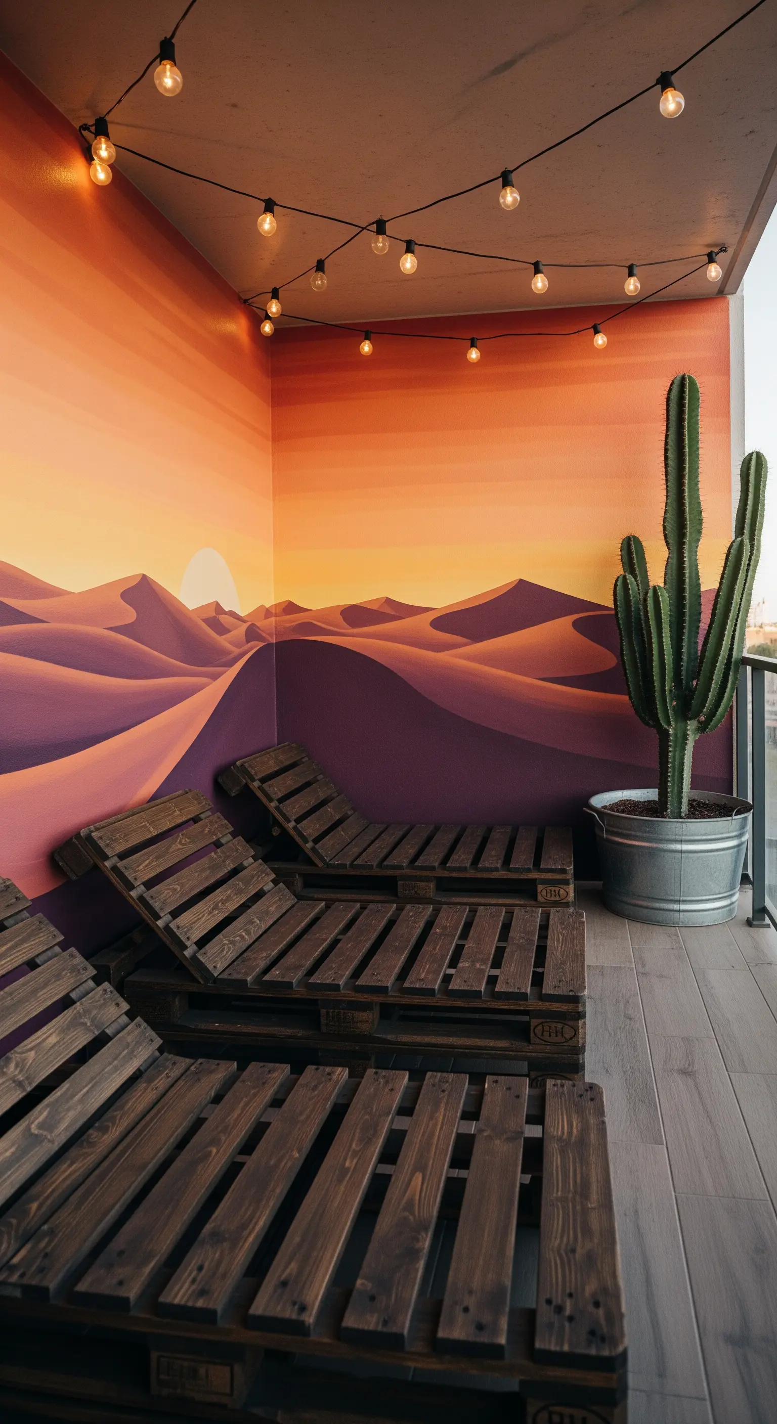 Balcone con murale di dune del deserto al tramonto e lettini prendisole realizzati con pallet scuri.