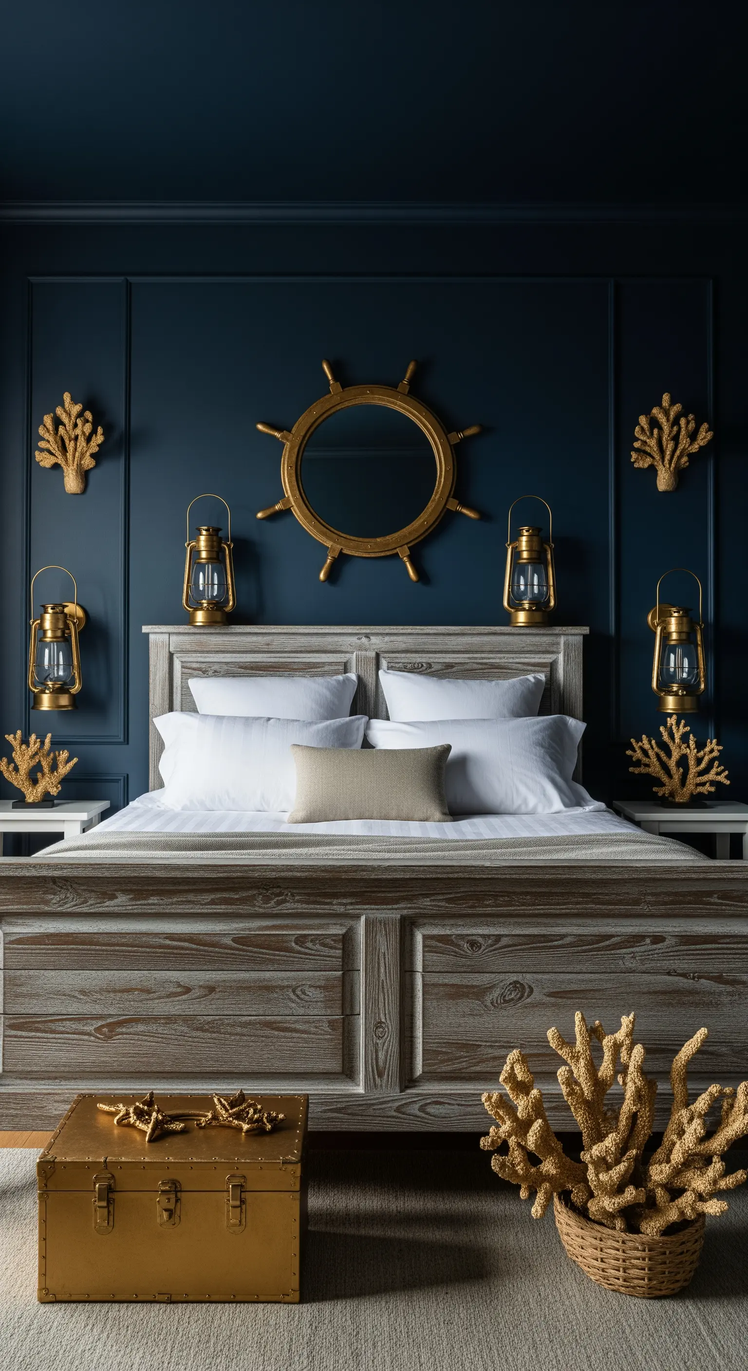 Camera da letto a tema nautico con parete blu, letto in legno sbiancato e decori in ottone.