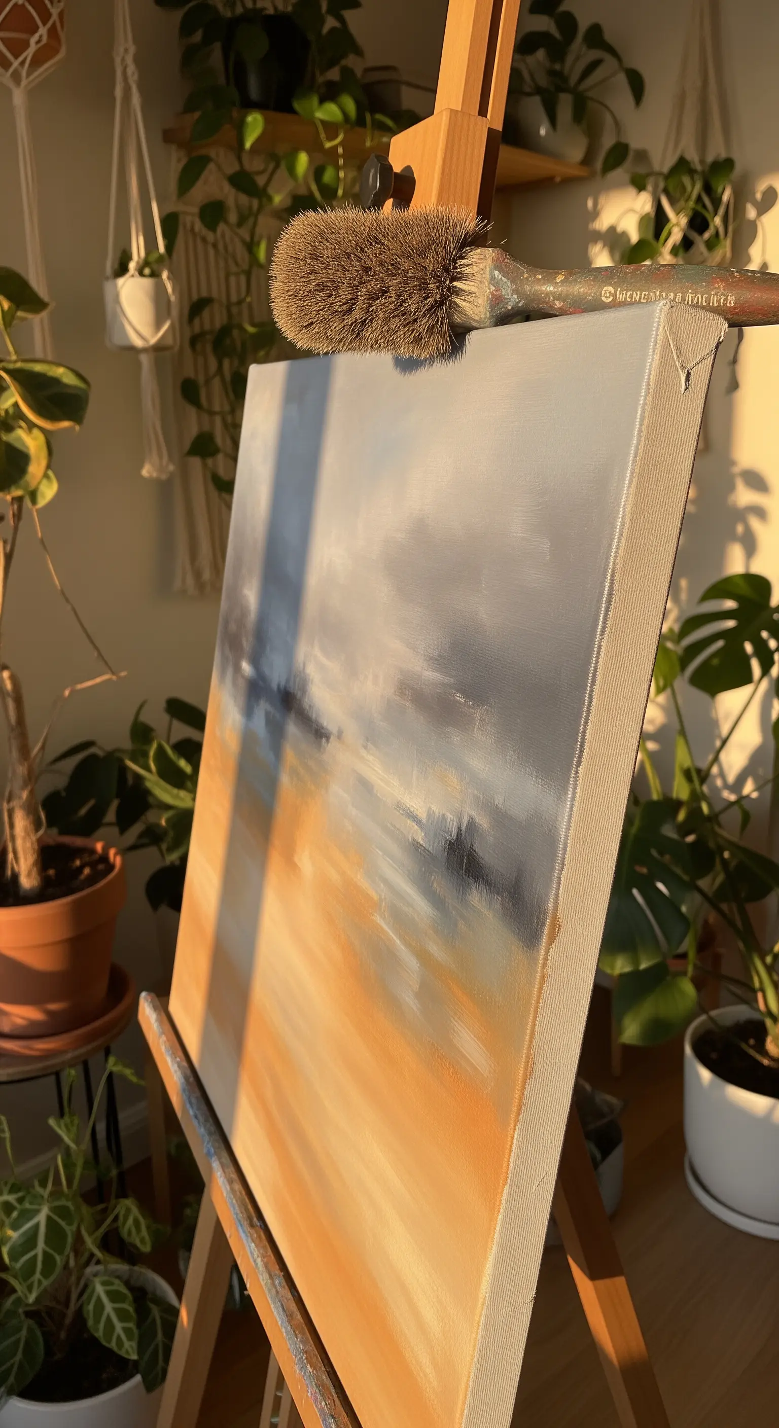 Quadro astratto con un paesaggio sfumato nei toni del grigio e dell'arancione, illuminato dal sole.