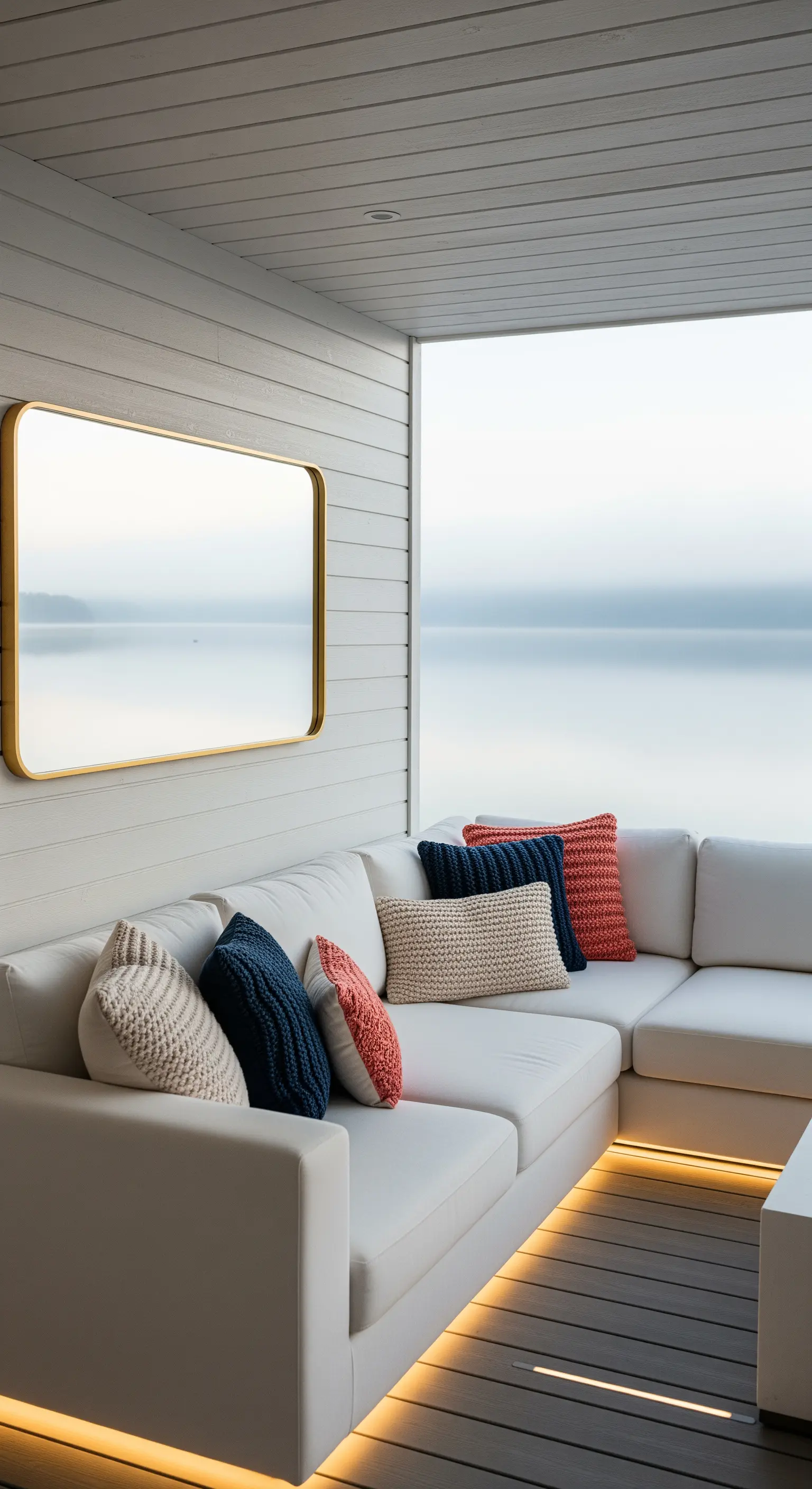 Divano angolare bianco su una terrazza vista lago, con specchio orizzontale e luci a LED.