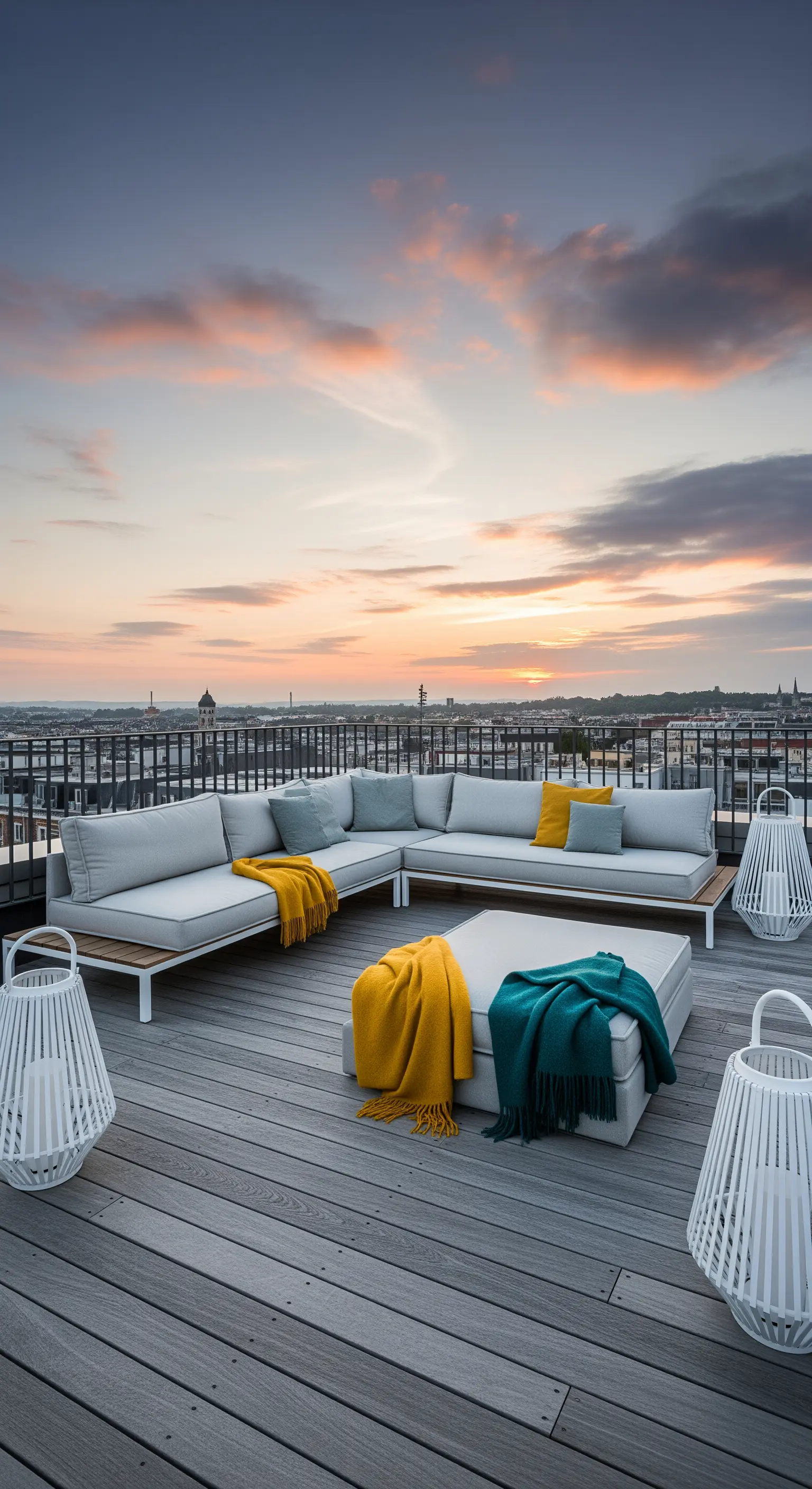 Terrazza panoramica al tramonto con divano grigio e plaid colorati in giallo e verde.