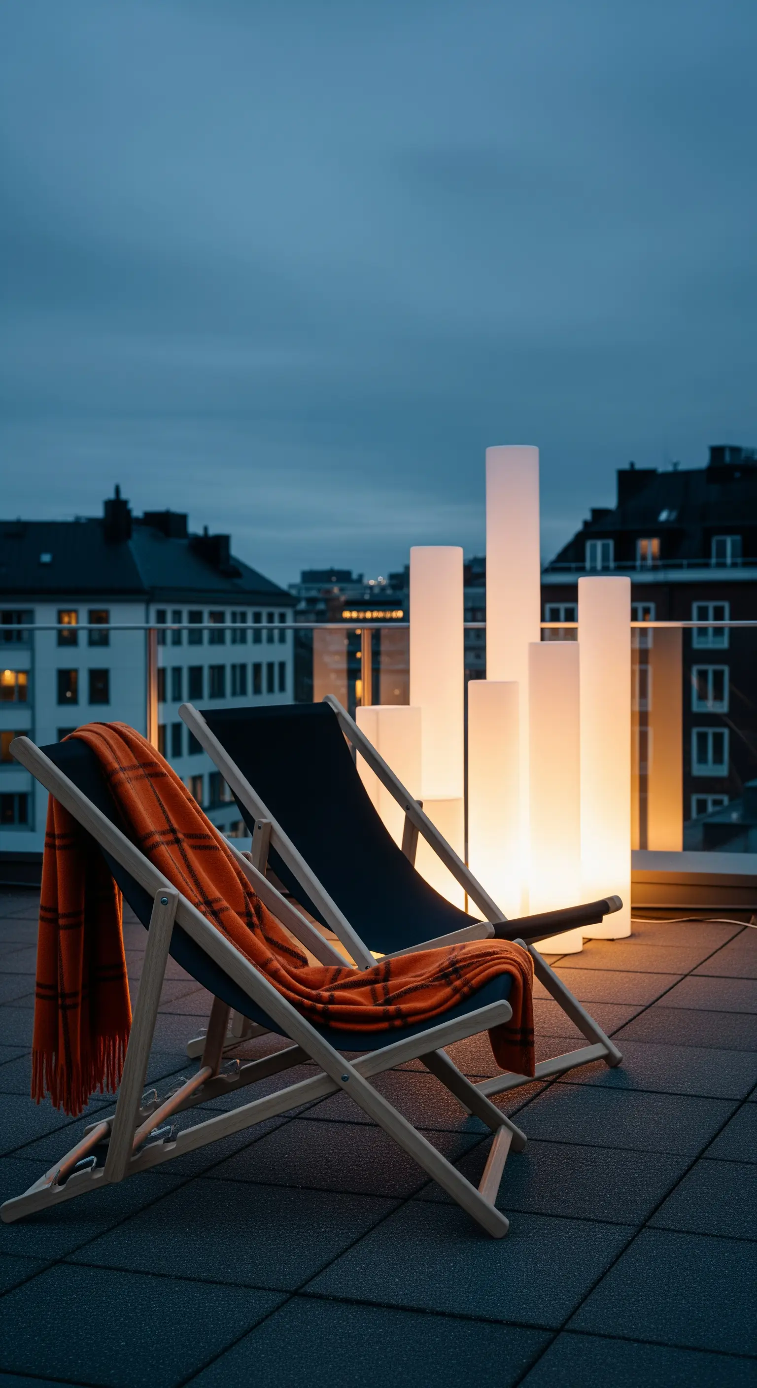 Due sedie a sdraio su un tetto di notte, con un plaid arancione e lampade a colonna.