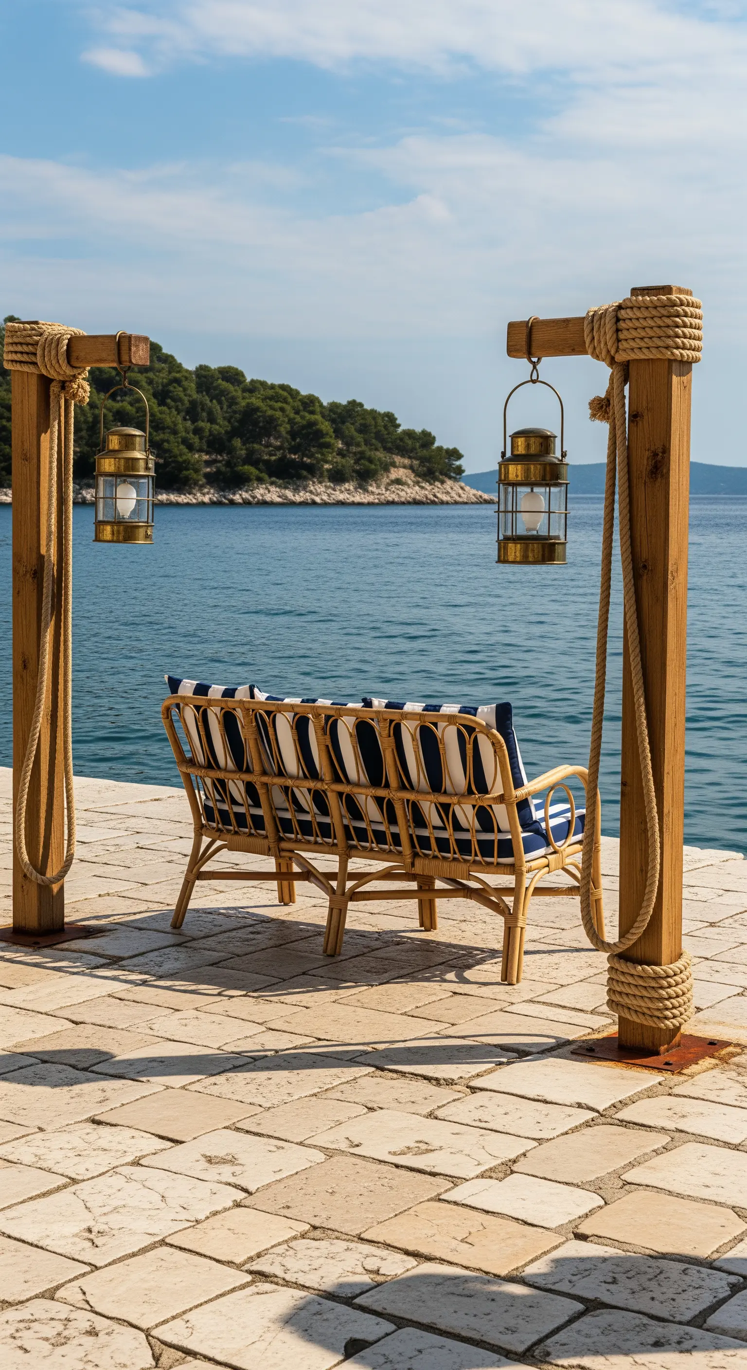 Panca a righe su un molo, affiancata da lanterne nautiche appese a pali di legno con corde.