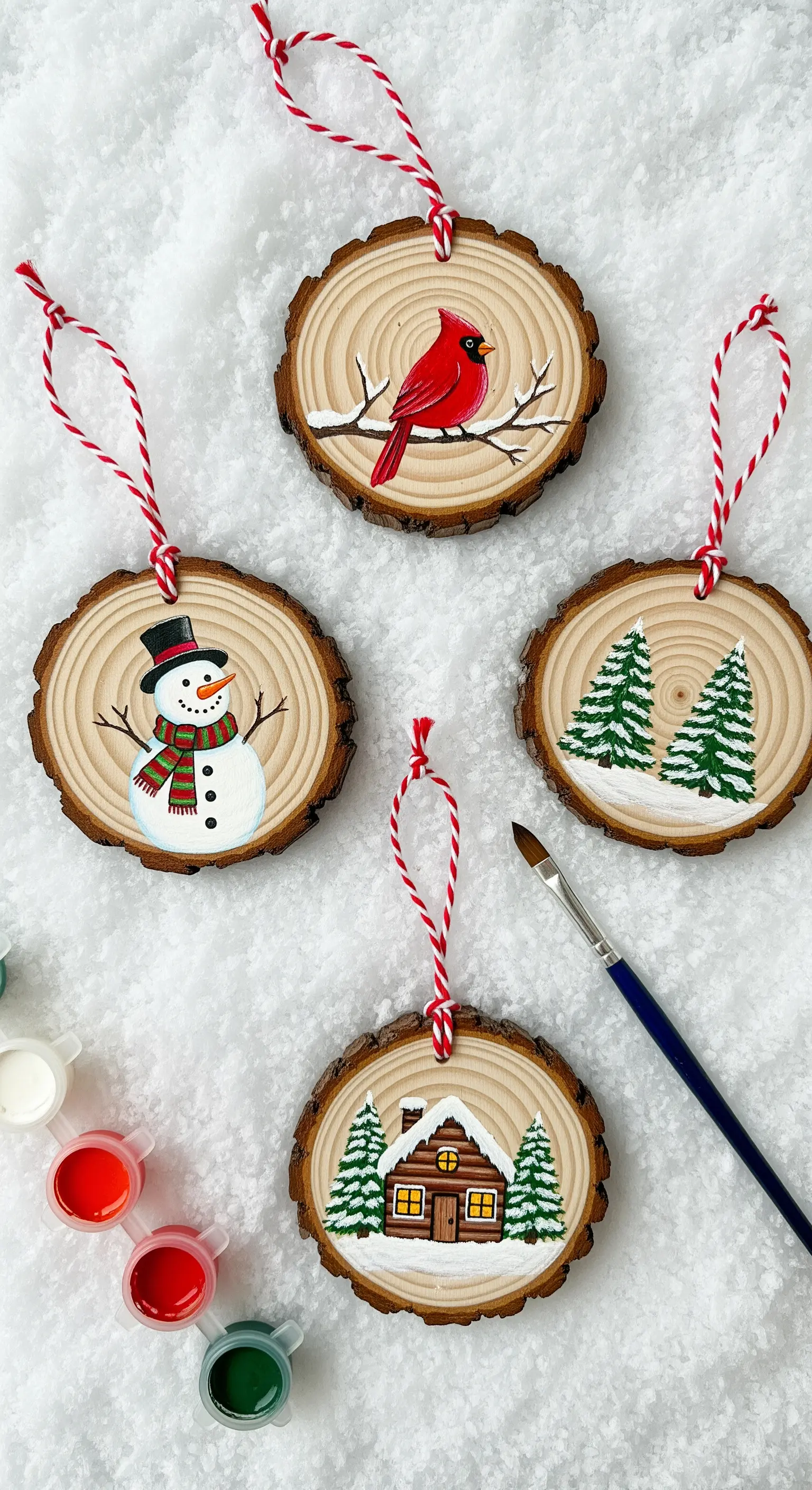 Decorazioni natalizie dipinte a mano su sezioni di legno, con scene invernali.