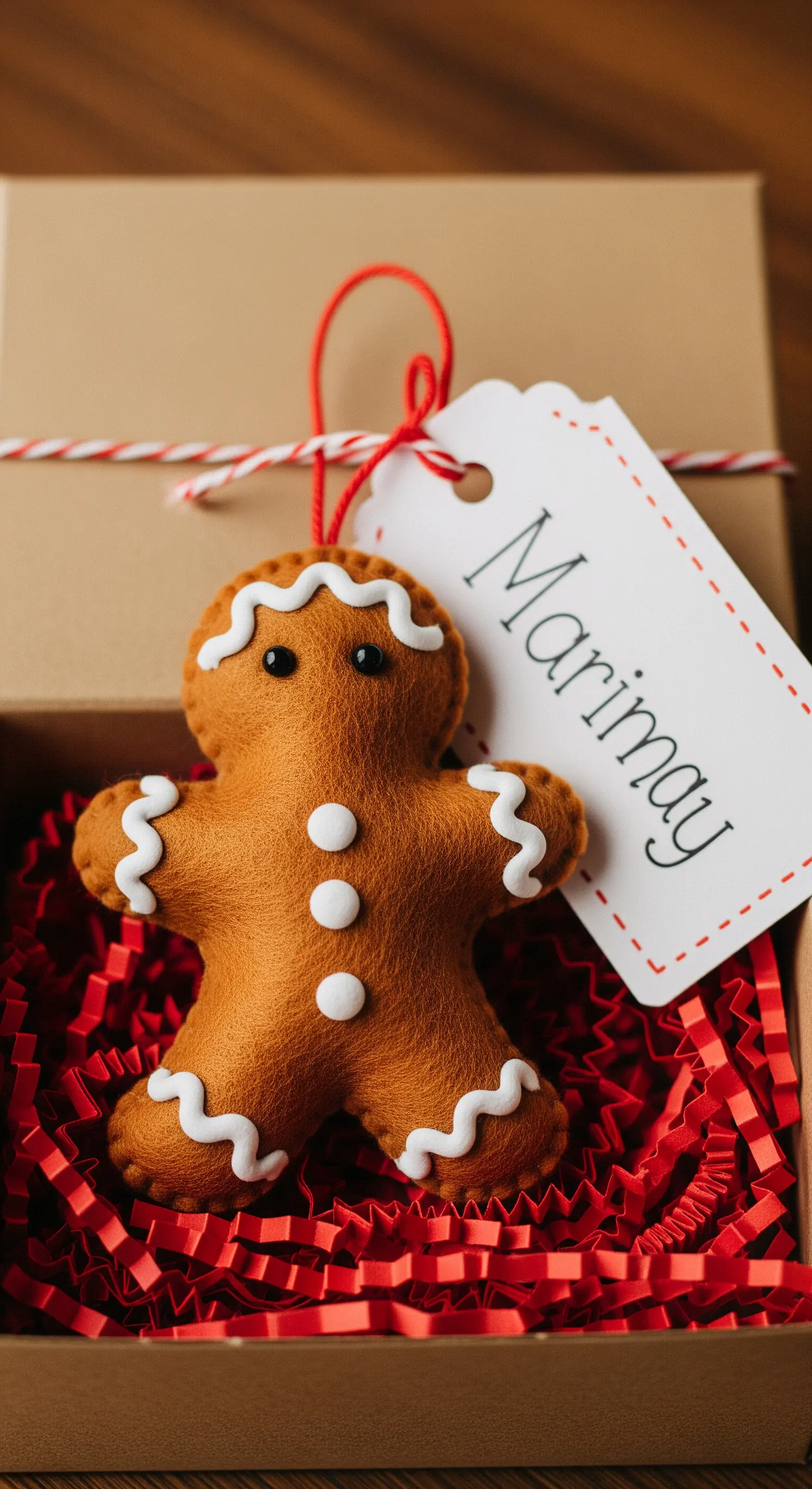 Decorazione a forma di omino di pan di zenzero in feltro dentro una scatola regalo.