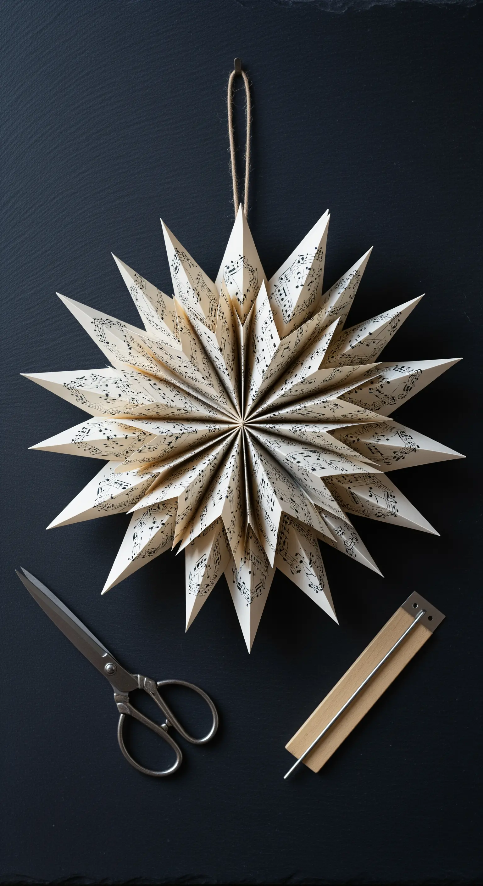 Stella tridimensionale realizzata con la tecnica degli origami utilizzando pagine di spartiti musicali.