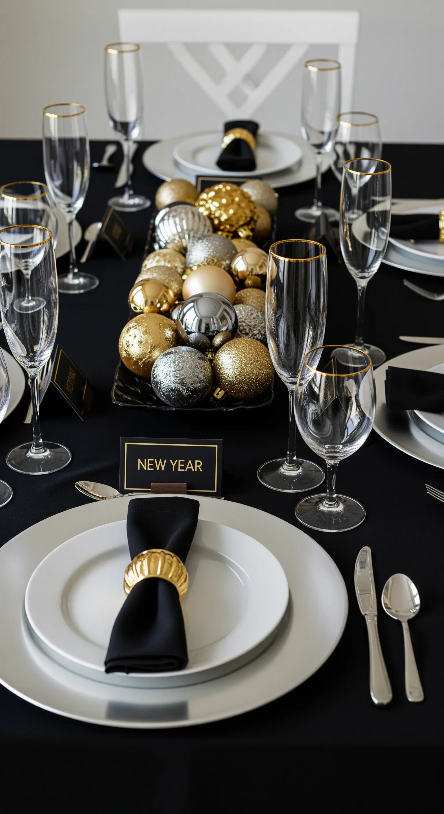 Tavola di Capodanno con centrotavola di palline dorate e argentate e bicchieri bordati d'oro.
