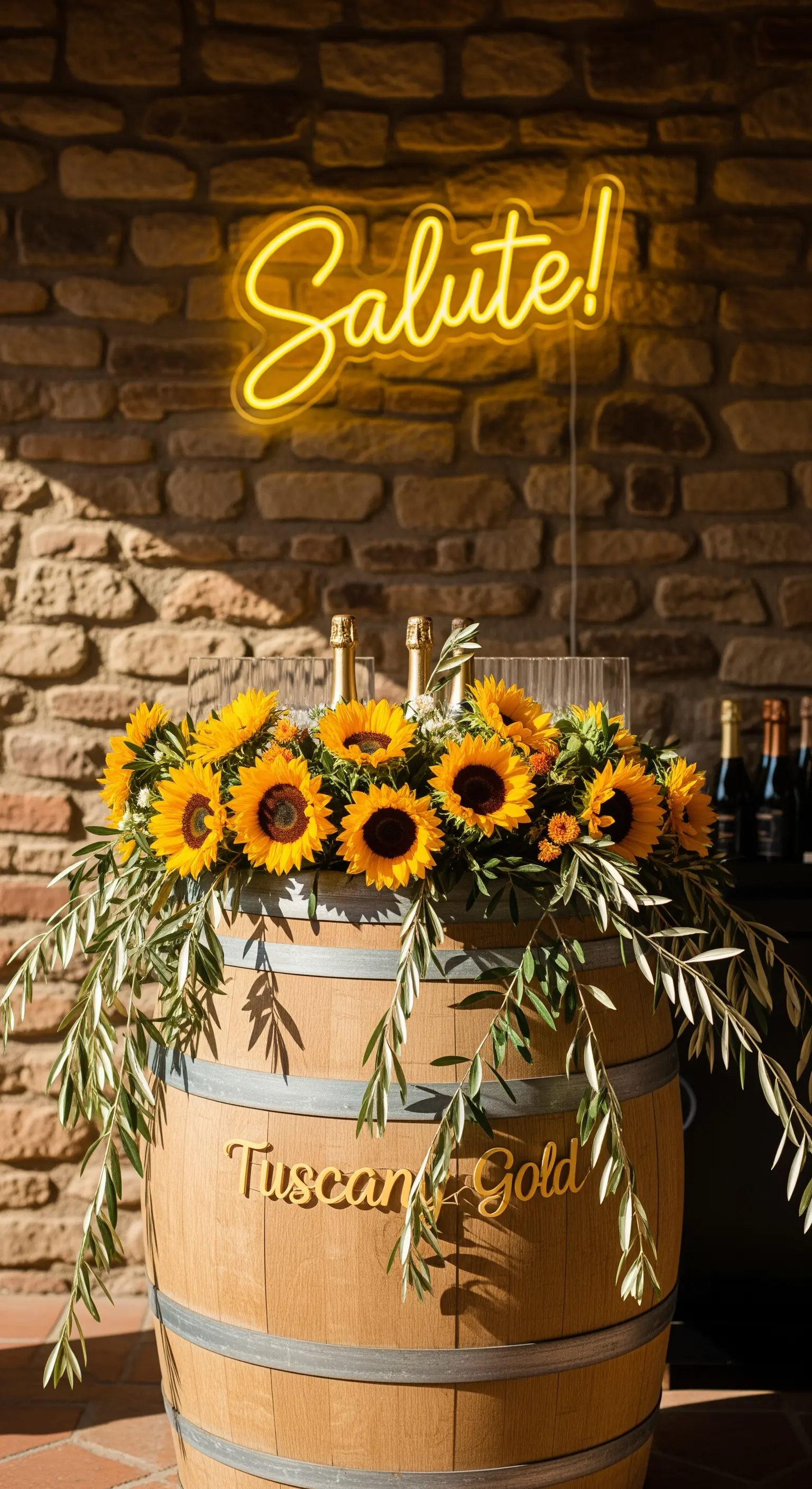 Botte di legno decorata con girasoli, ulivo e un'insegna 