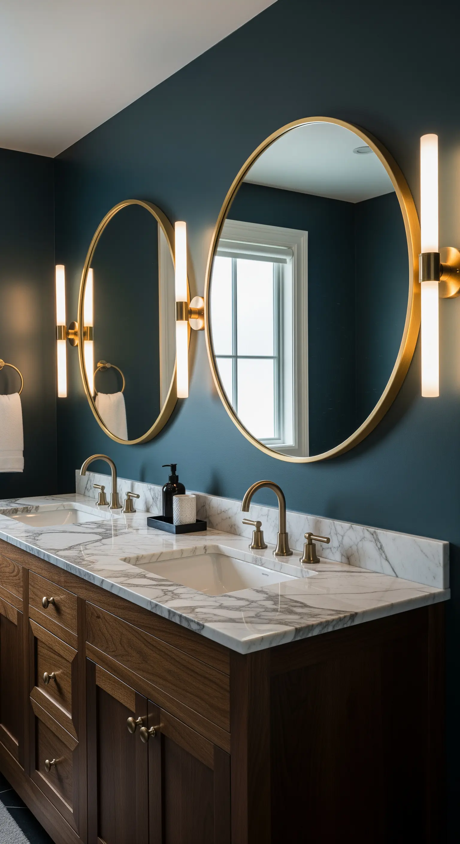 Doppio lavabo con specchi rotondi dorati e applique su una parete blu scuro.