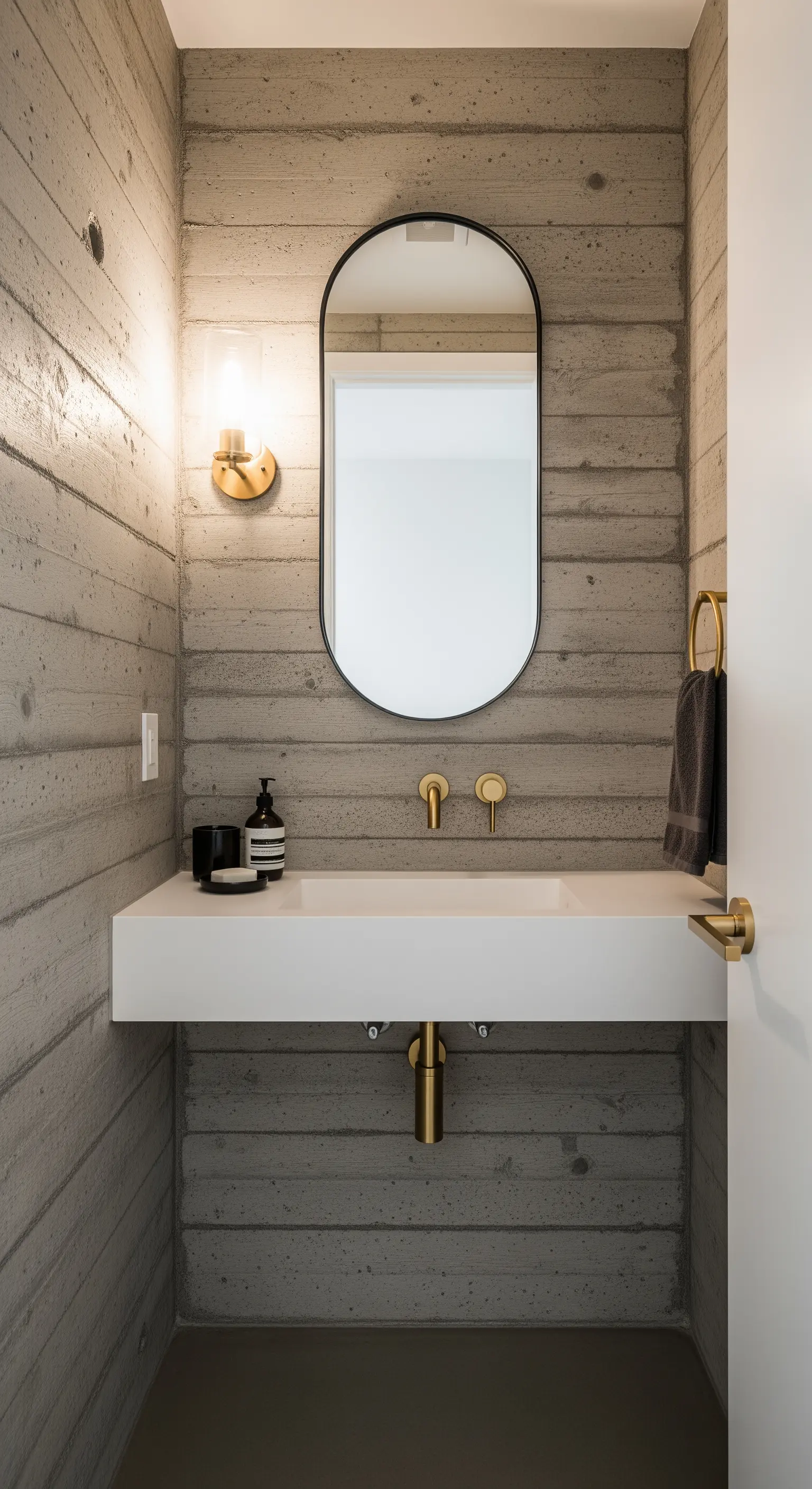 Bagno piccolo con pareti effetto cemento a cassaforma e dettagli in ottone spazzolato.