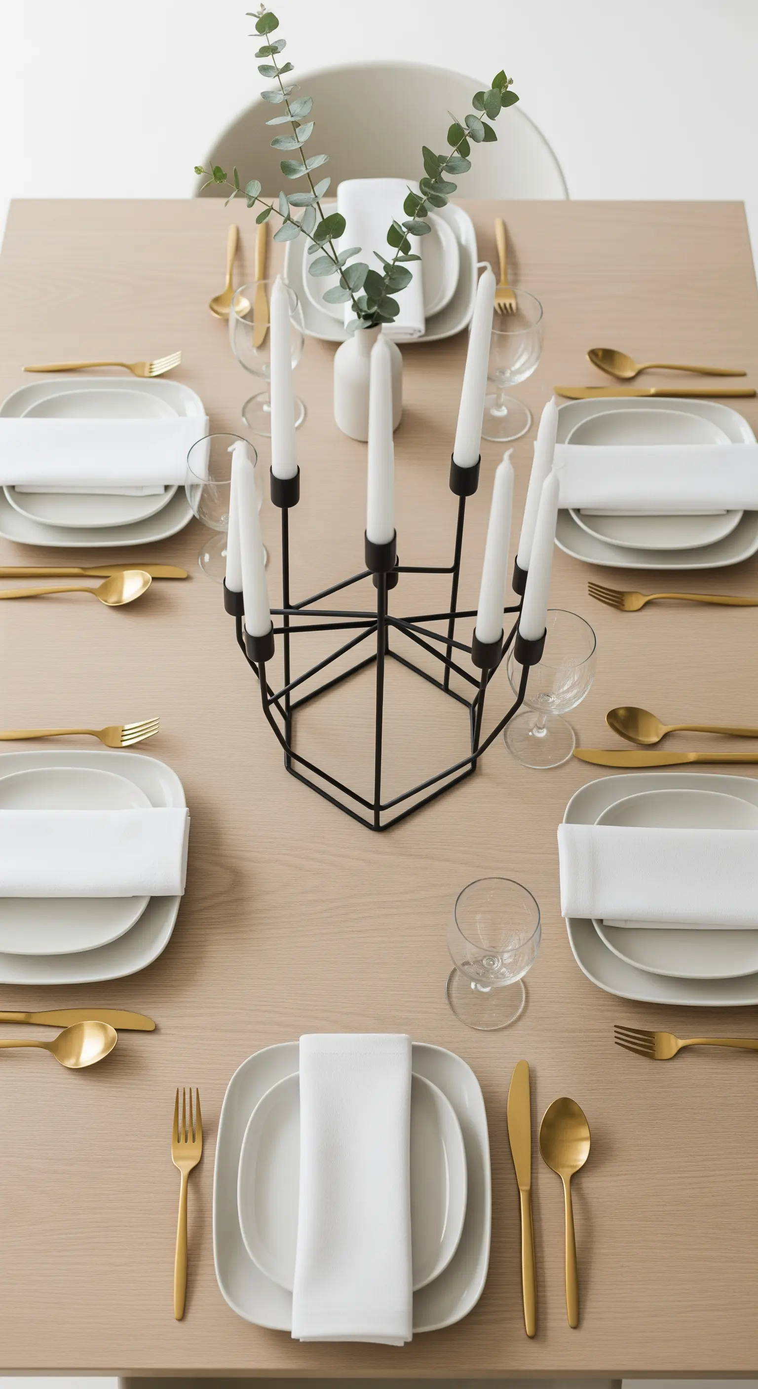 Tavola minimalista con candelabro nero geometrico e posate dorate.
