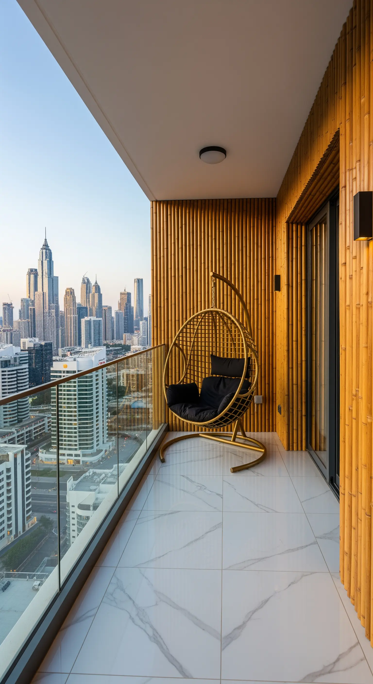 Poltrona sospesa dorata con cuscini neri su un balcone con pavimento effetto marmo.