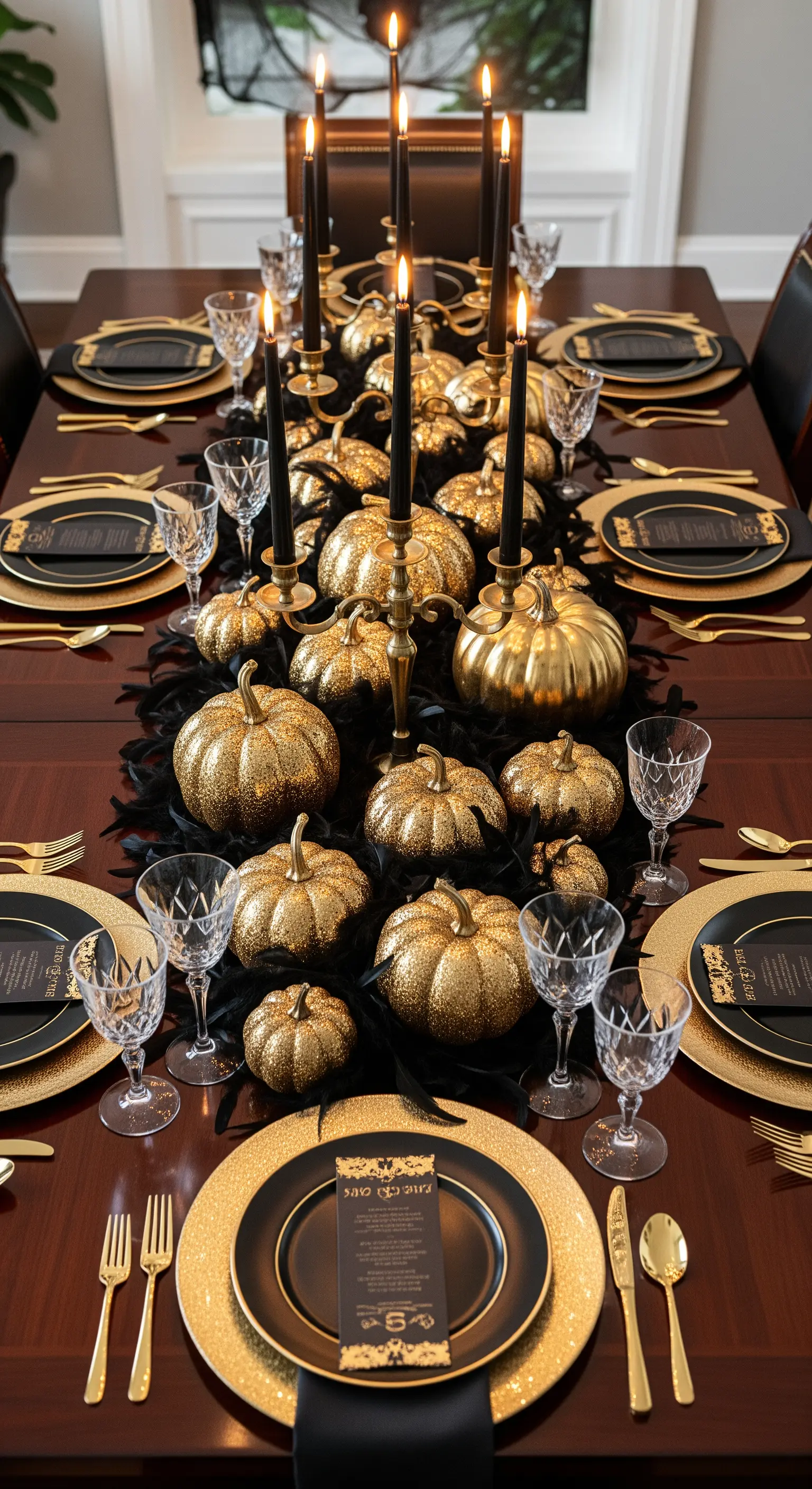 Tavola di Halloween nera e oro con zucche glitterate e candele.