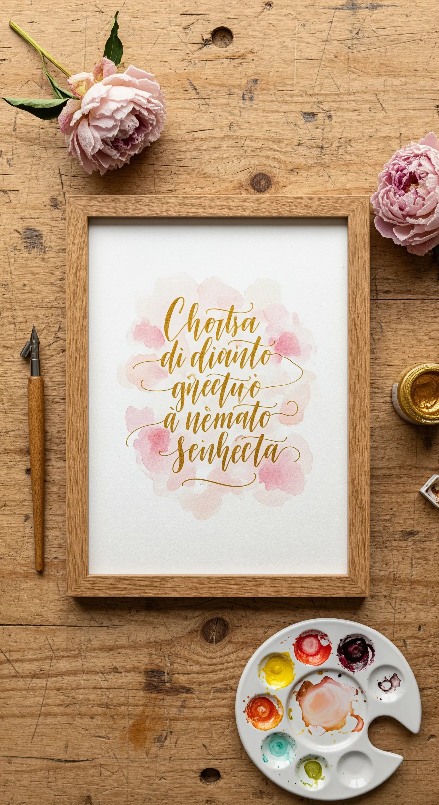 Quadro con calligrafia dorata su sfondo acquerello rosa, accanto a un calamo e fiori di peonia.