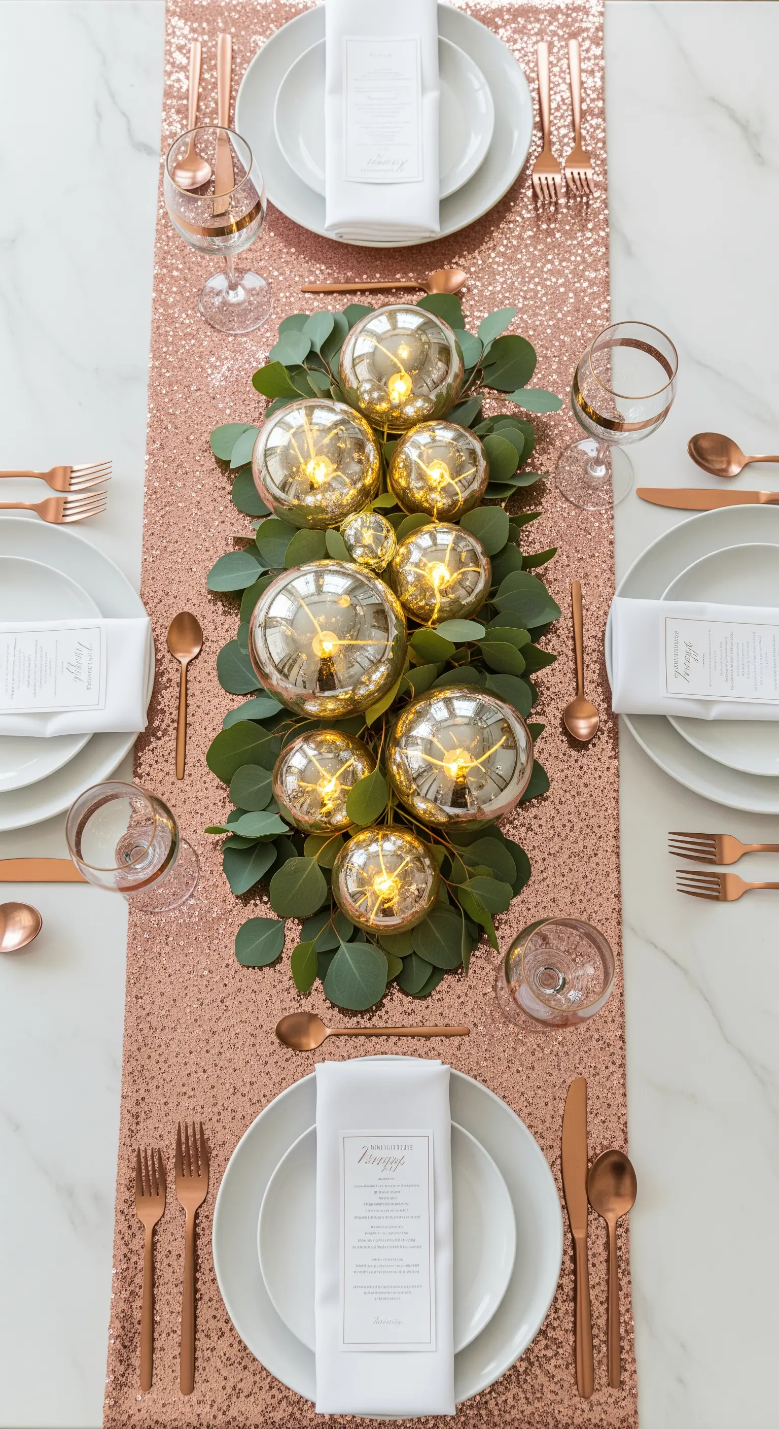 Tavola di compleanno con runner oro rosa e sfere di vetro illuminate come centrotavola.