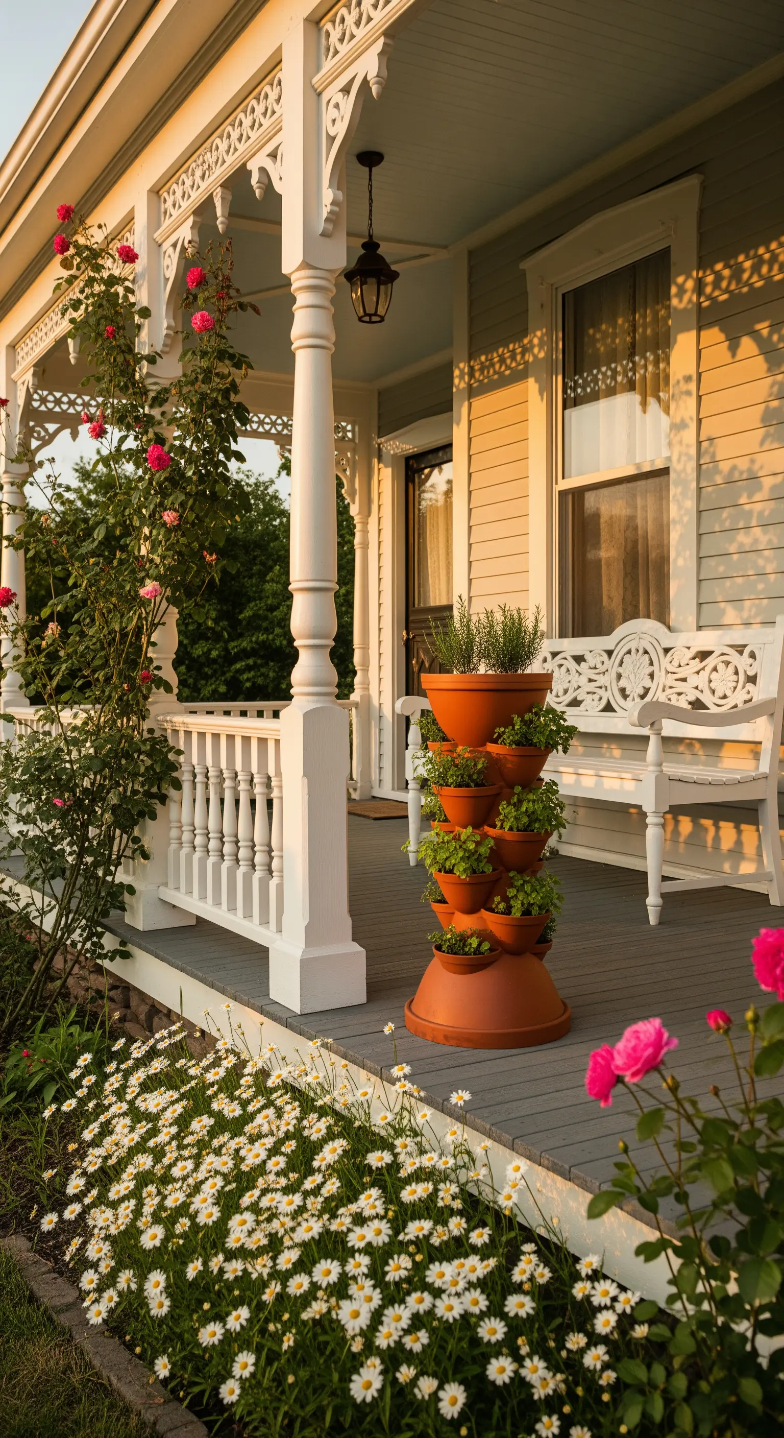 Portico vittoriano con panca bianca, fioriera verticale in terracotta e roseti.