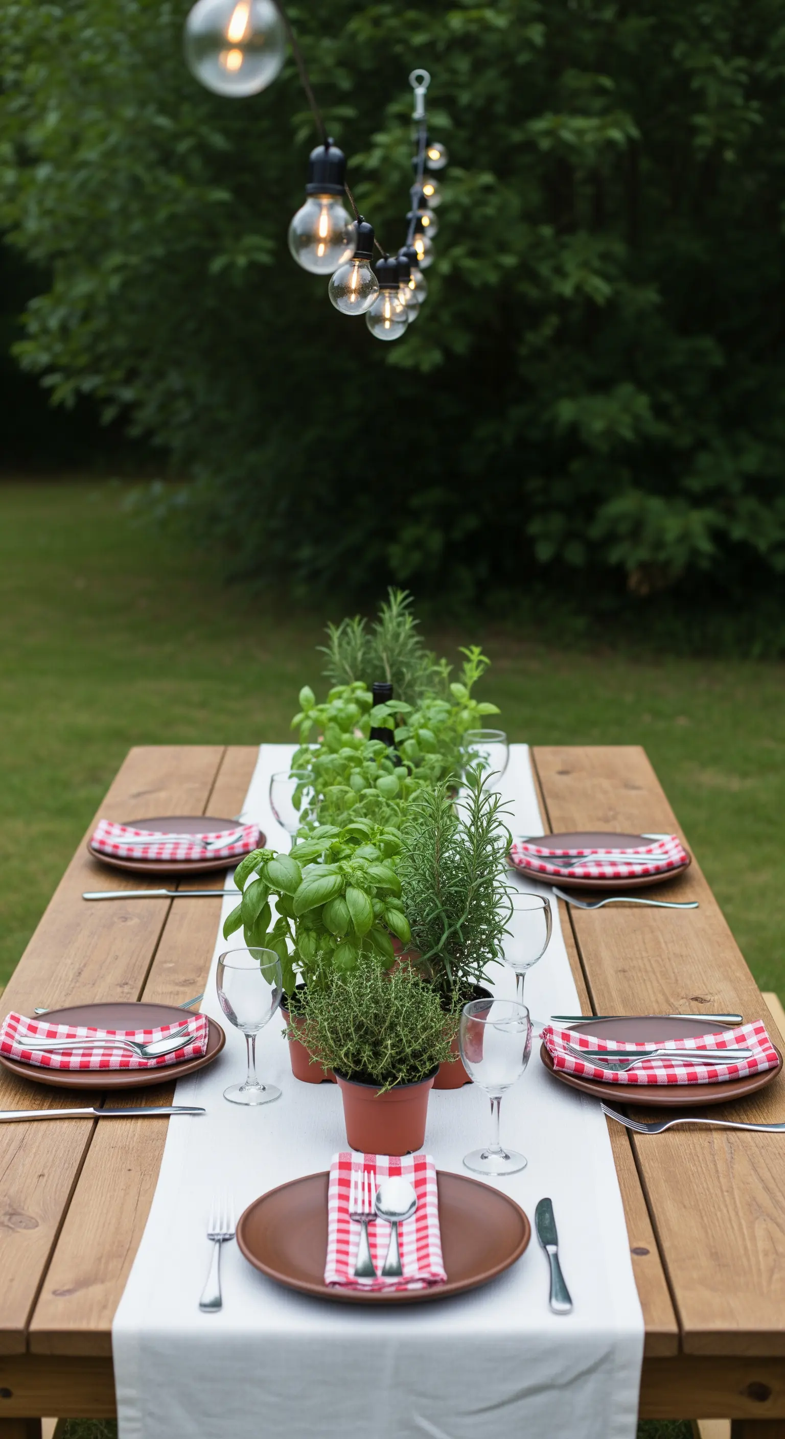Tavola in legno con un centrotavola composto da vasi di erbe aromatiche.