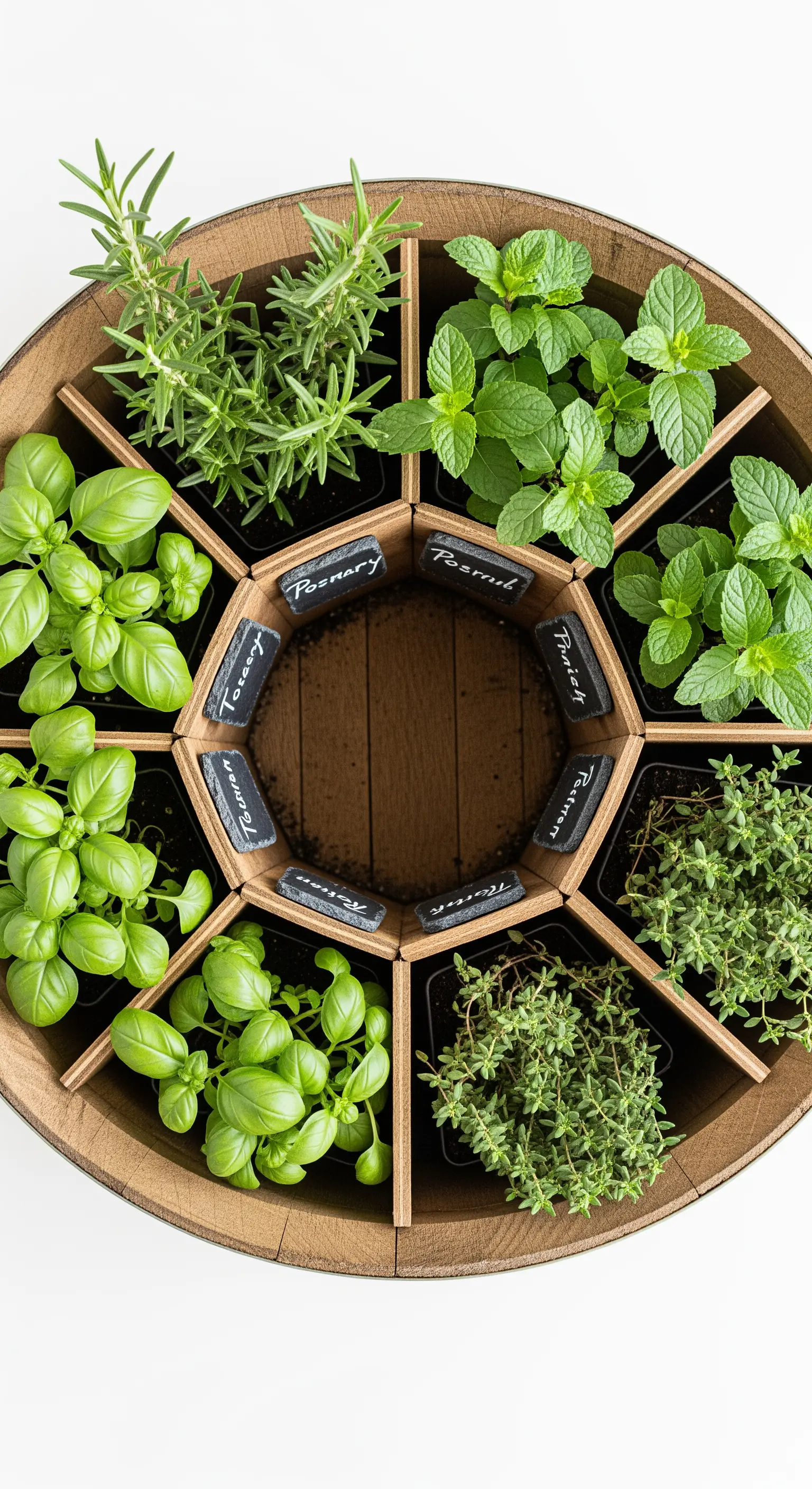 Giardino di erbe aromatiche organizzato in scomparti all'interno di una botte di vino.