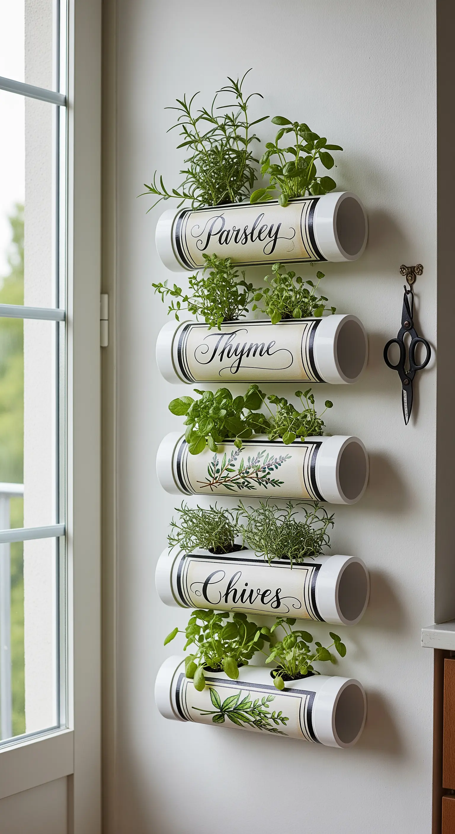 Fioriera a parete bianca con etichette calligrafiche per erbe aromatiche.