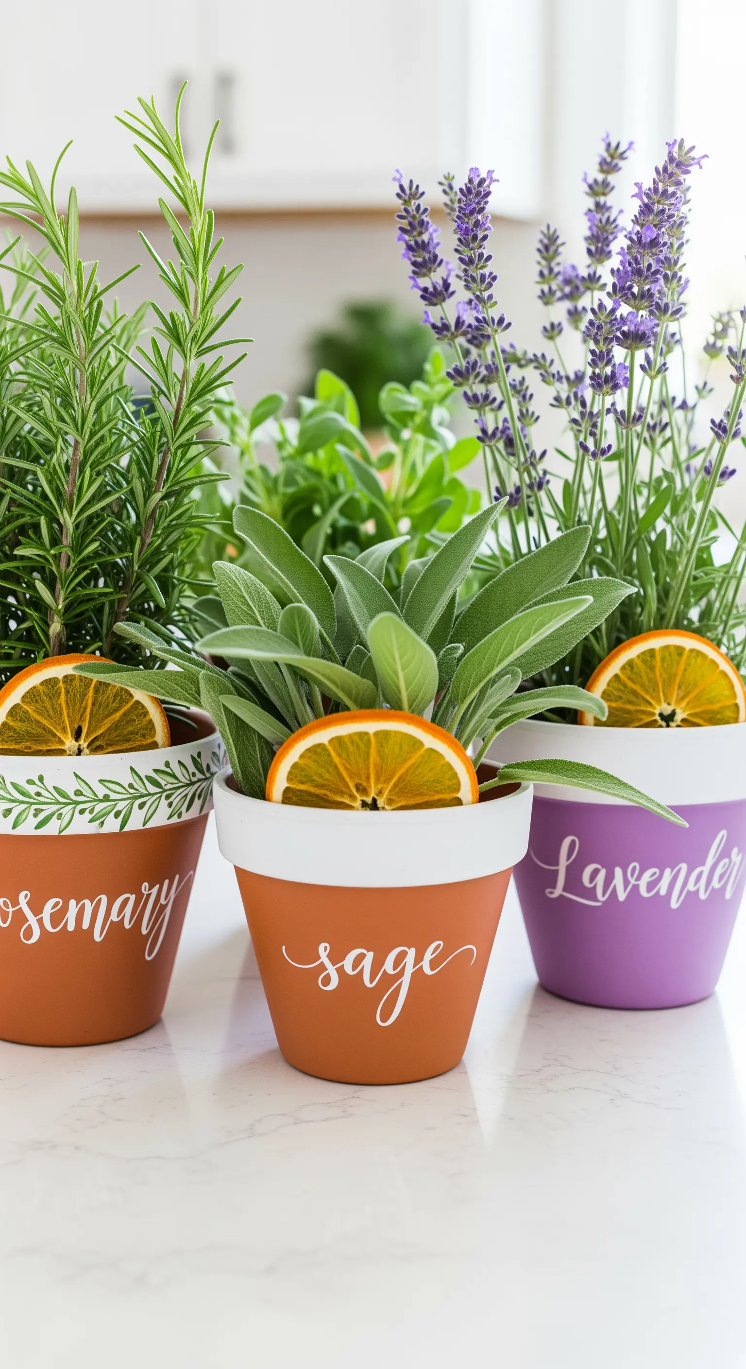 Tre vasetti di terracotta dipinti con i nomi di rosmarino, salvia e lavanda.