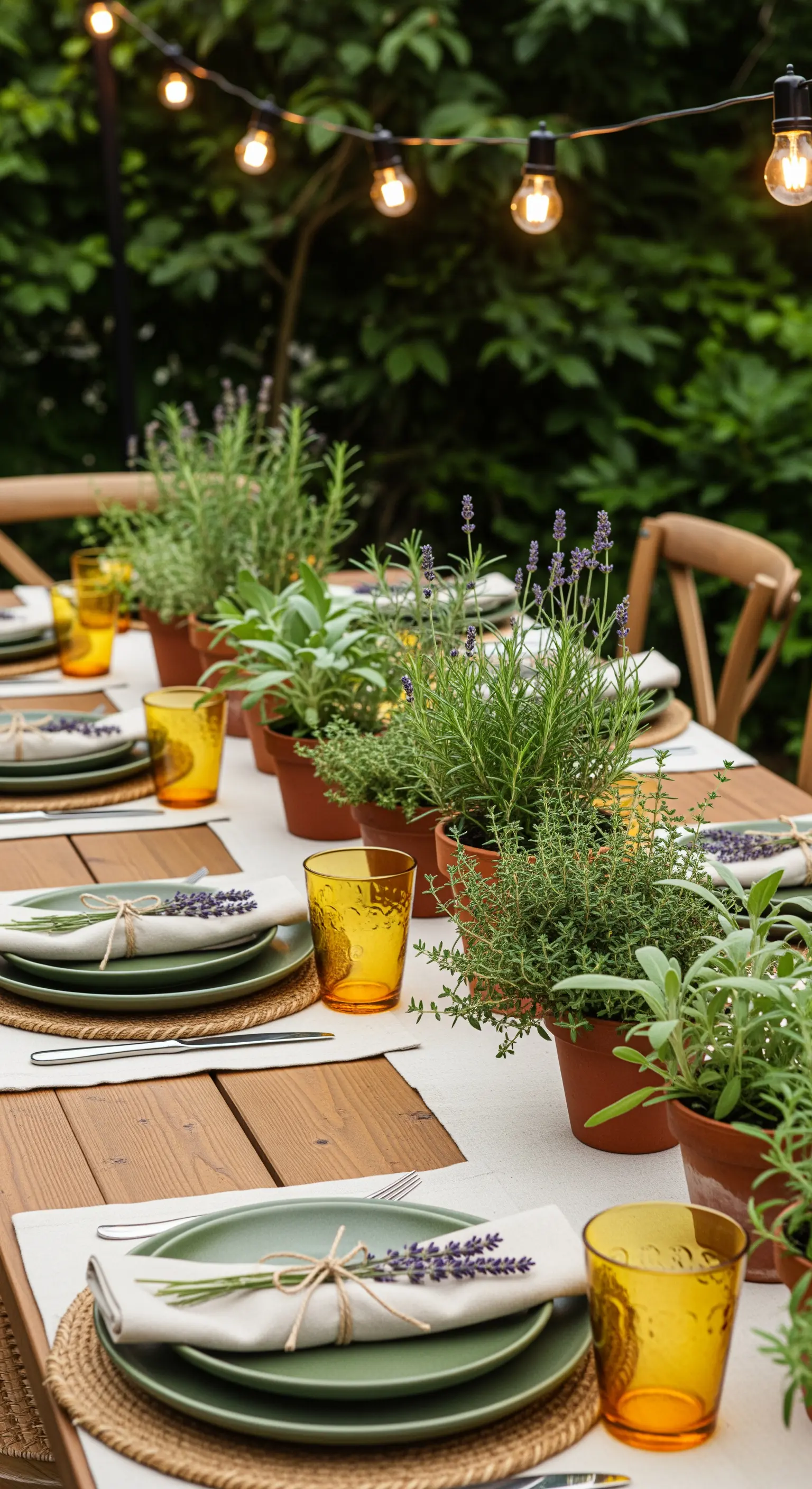 Tavolata con un centrotavola composto da una fila di vasi di erbe aromatiche.