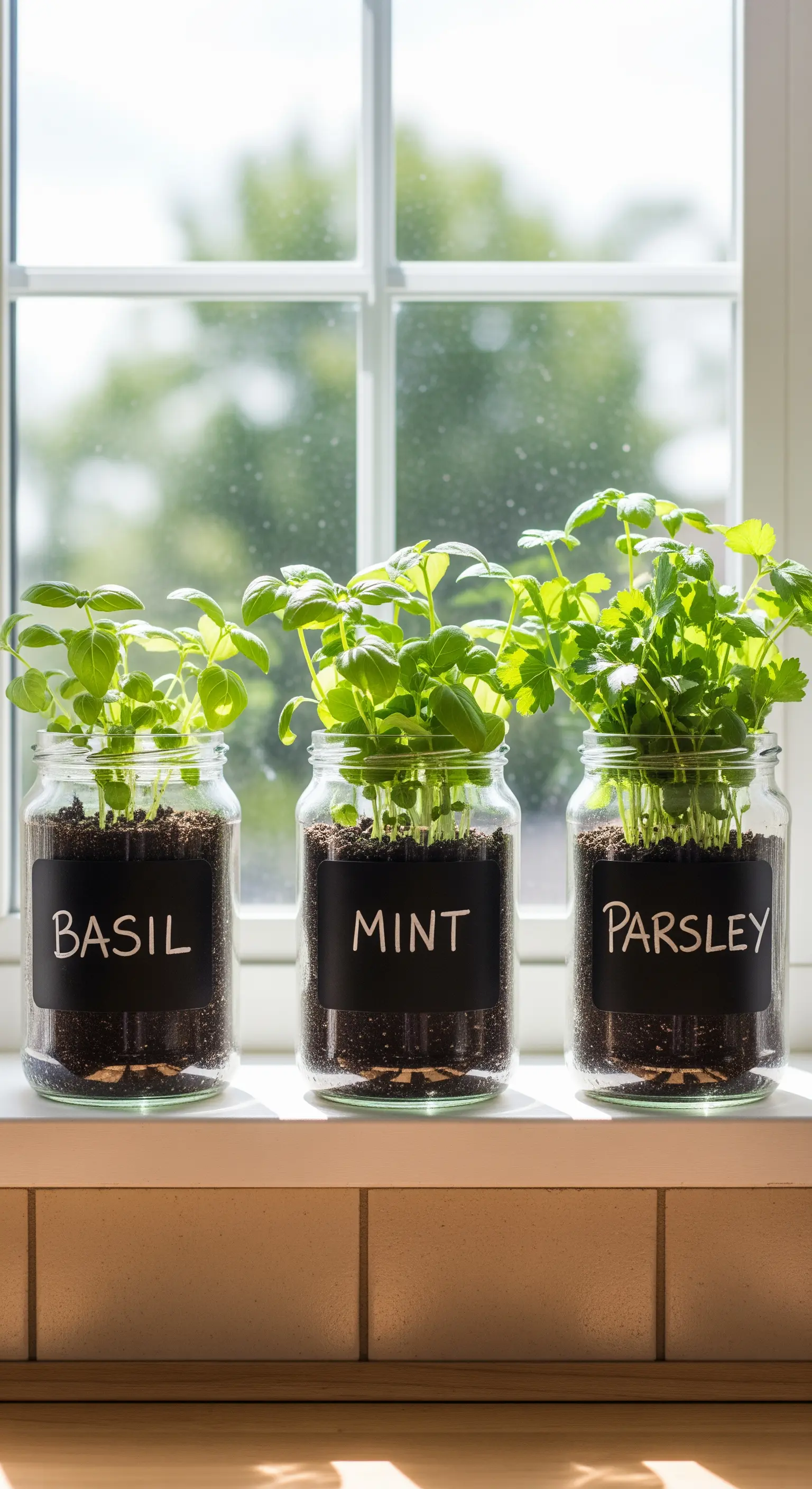 Barattoli di vetro con vernice lavagna usati come vasi per erbe aromatiche fresche.