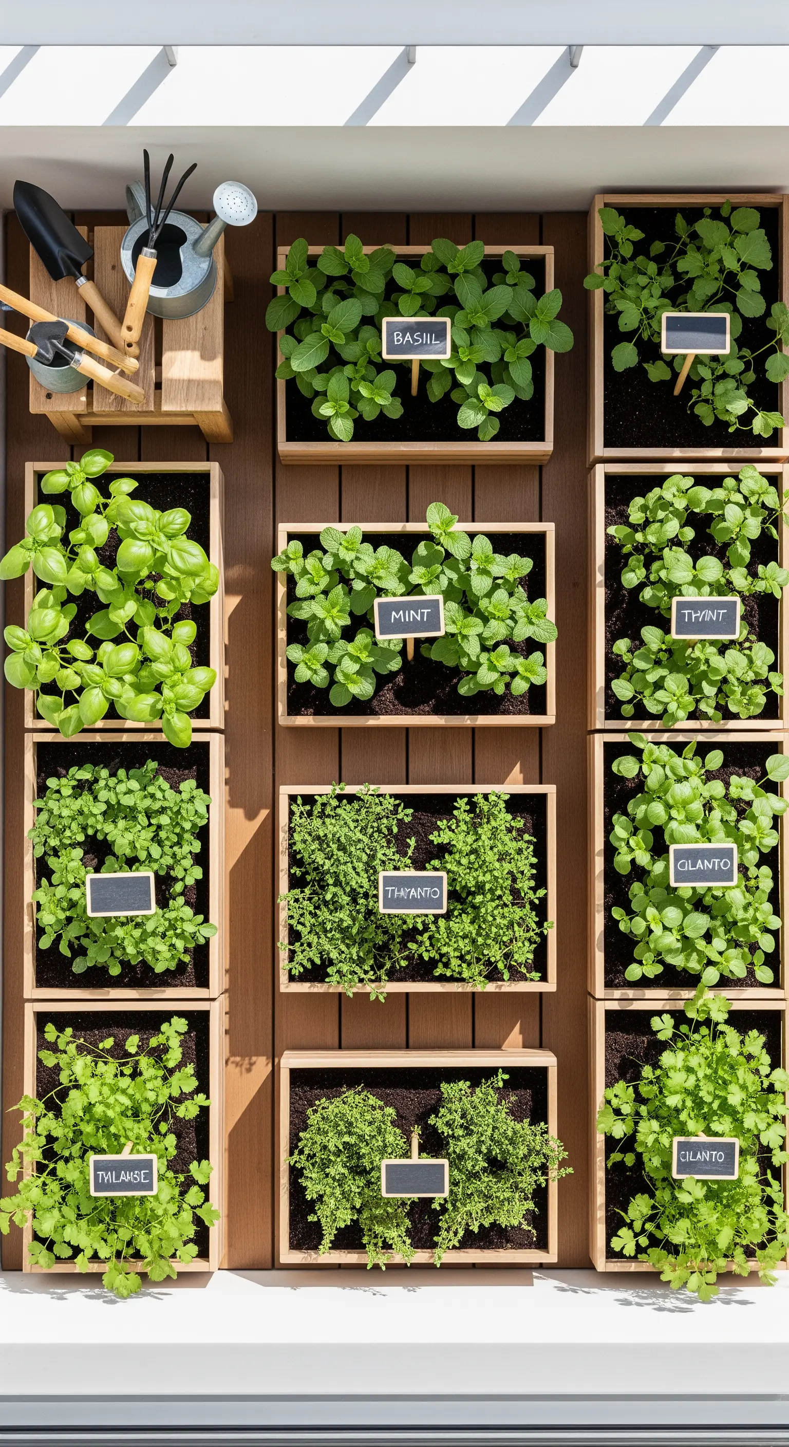 Orto verticale su un balcone con erbe aromatiche piantate in cassette di legno e identificate da etichette.