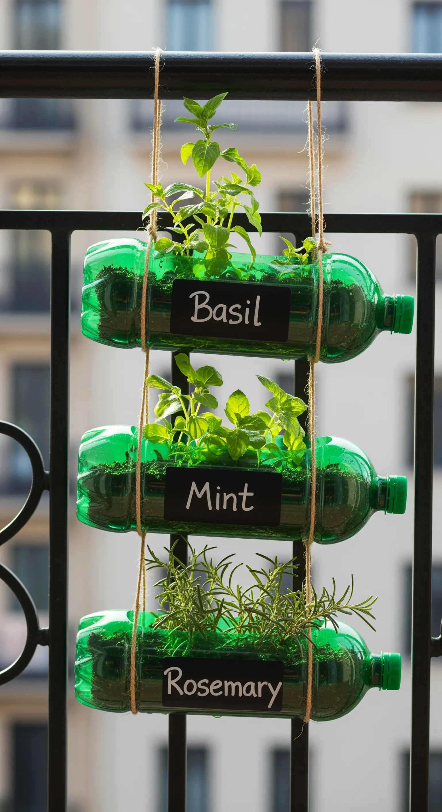 Orto verticale con tre bottiglie di plastica orizzontali per basilico, menta e rosmarino.