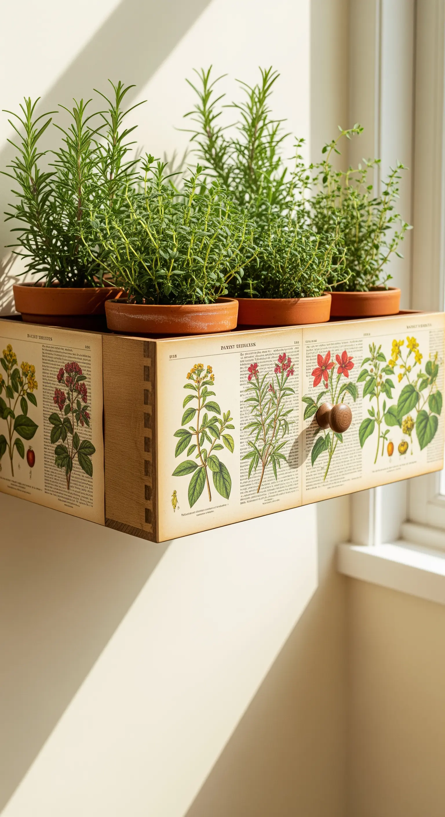 Cassetto decorato con illustrazioni botaniche vintage, utilizzato come fioriera per erbe aromatiche.