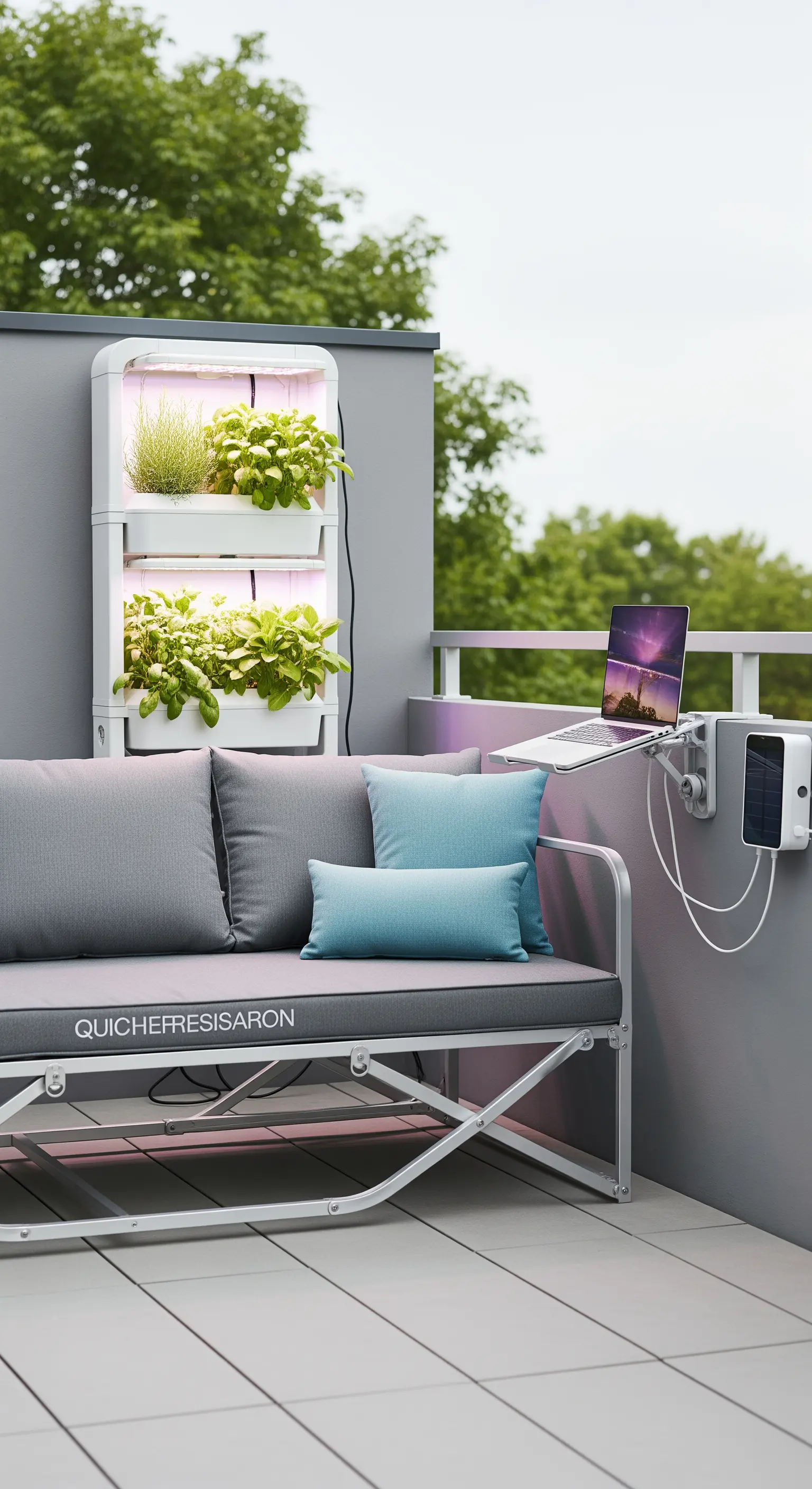 Divano grigio con un sistema di coltivazione idroponica verticale e un caricatore solare.