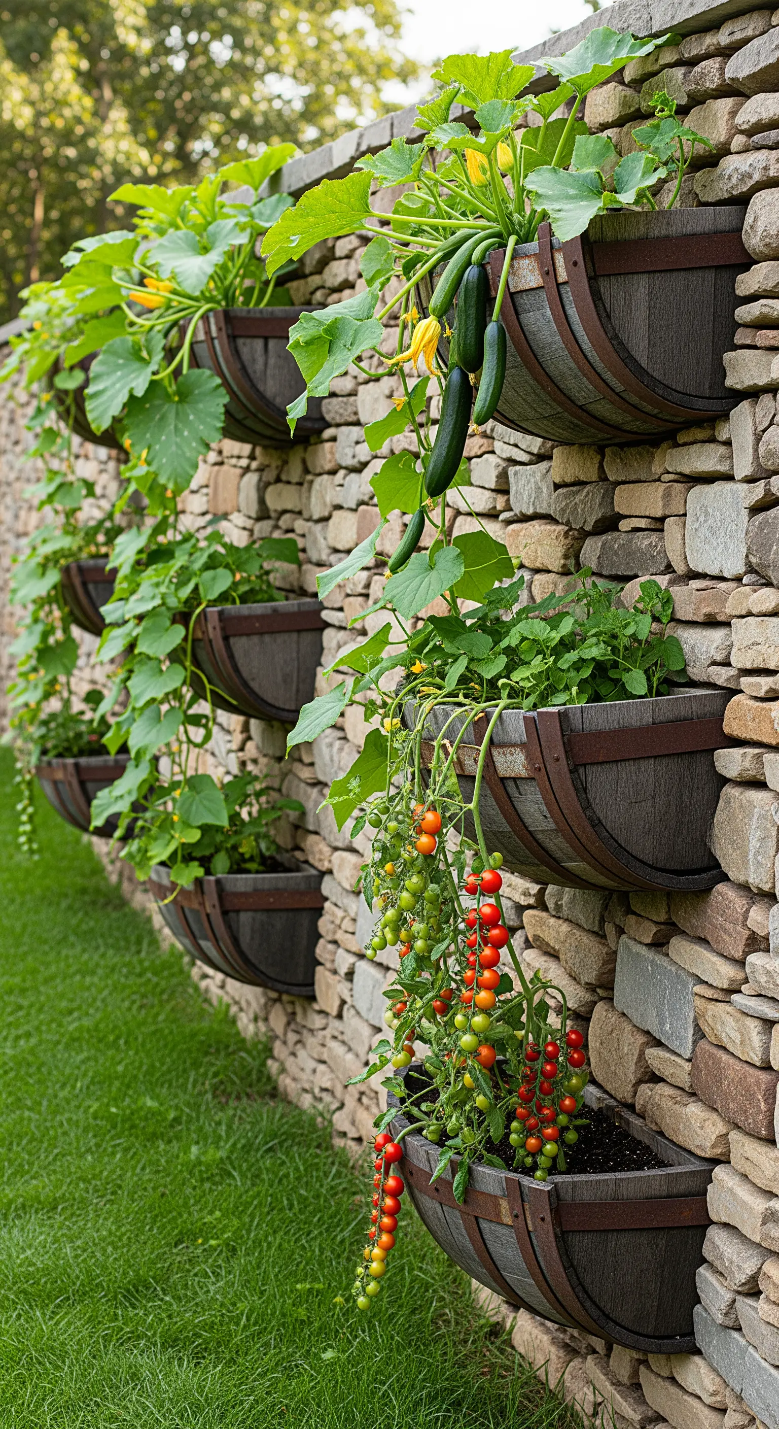 Orto verticale su un muro di pietra, realizzato con mezze botti per coltivare zucchine e pomodori