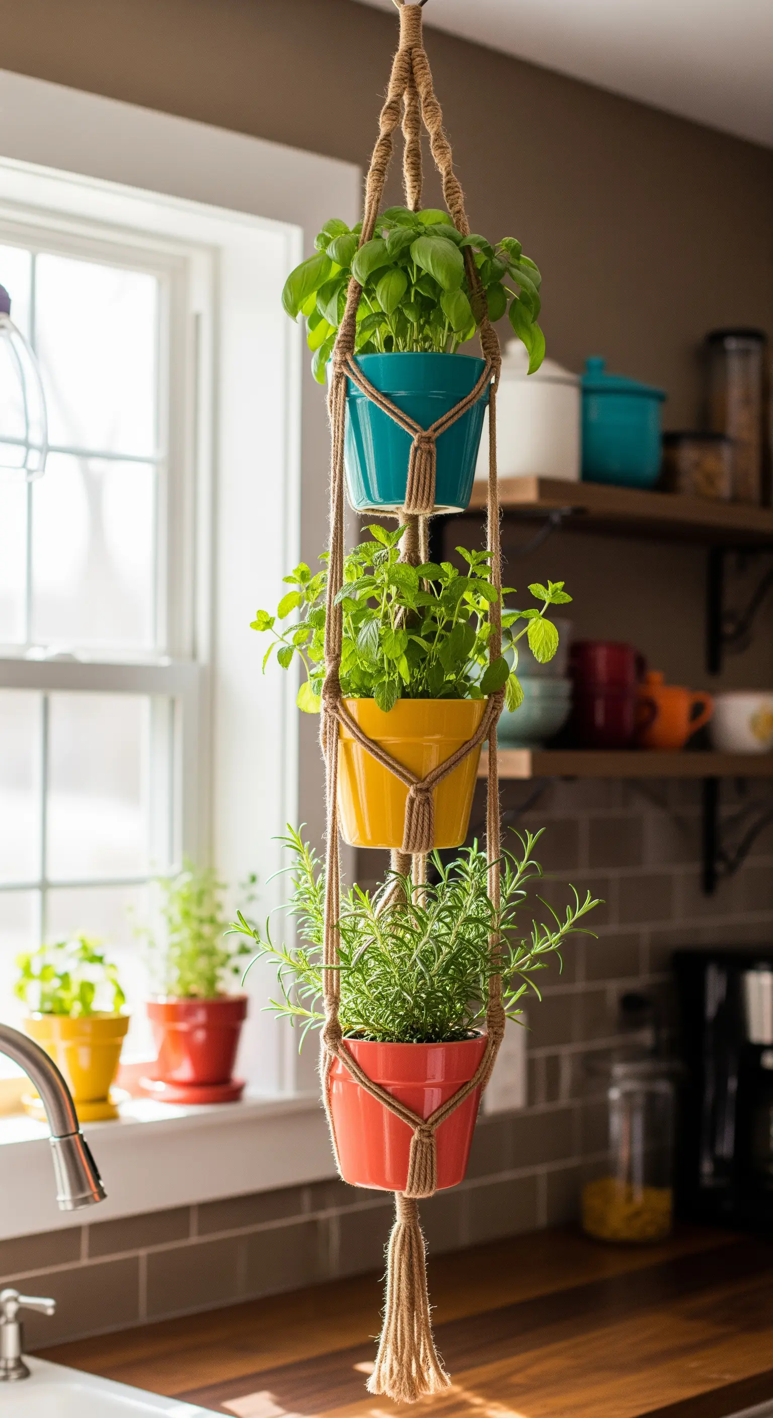 Portavasi a tre livelli in corda di iuta con vasi colorati contenenti erbe aromatiche.