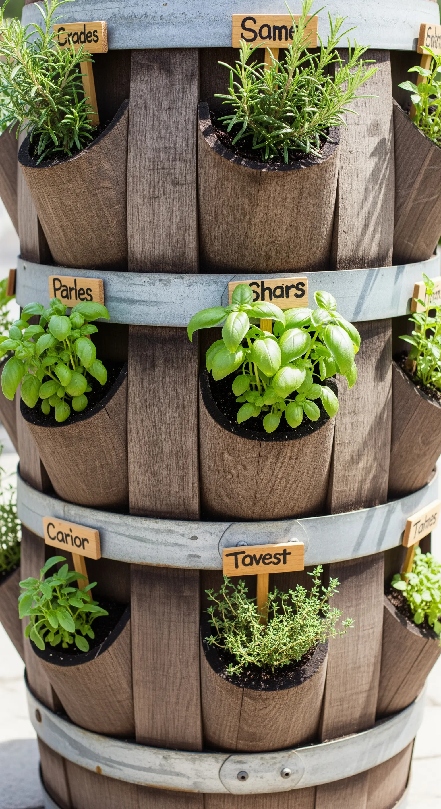 Botte di vino trasformata in un orto verticale con tasche per erbe aromatiche.