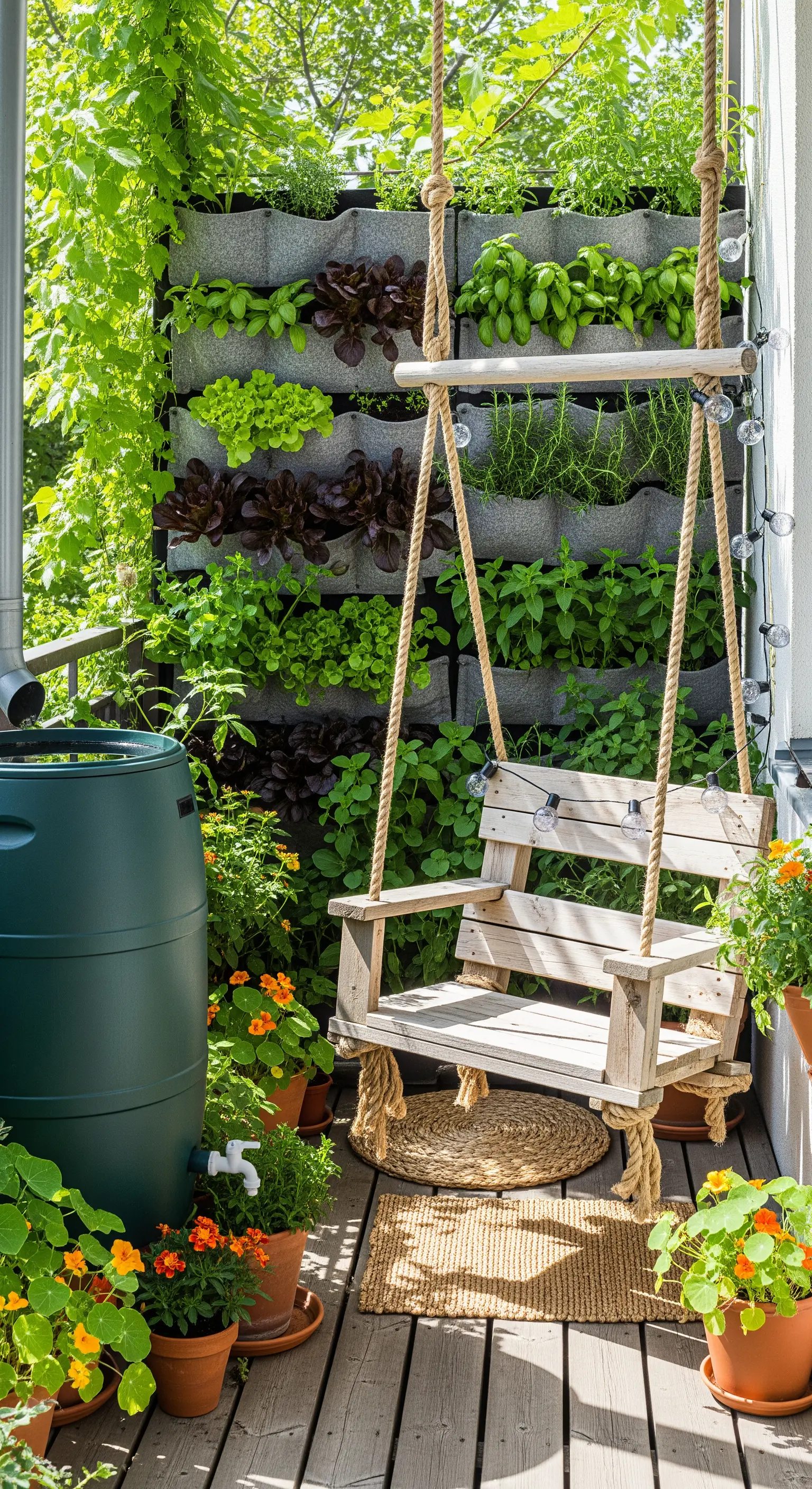Altalena in legno rustico di fronte a un orto verticale con lattuga ed erbe aromatiche.