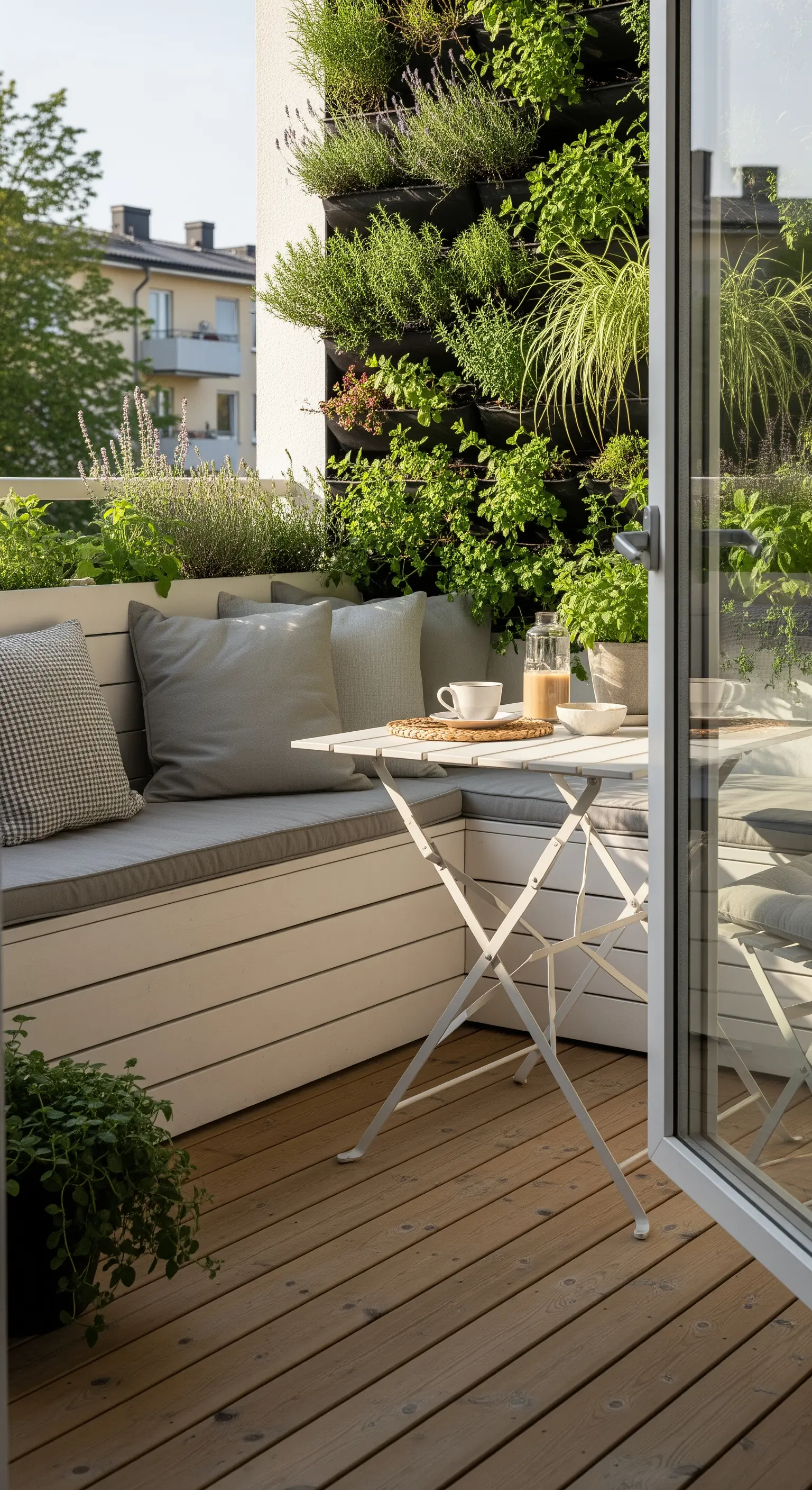 Balcone scandinavo con panca contenitore, orto verticale e tavolino bianco pieghevole