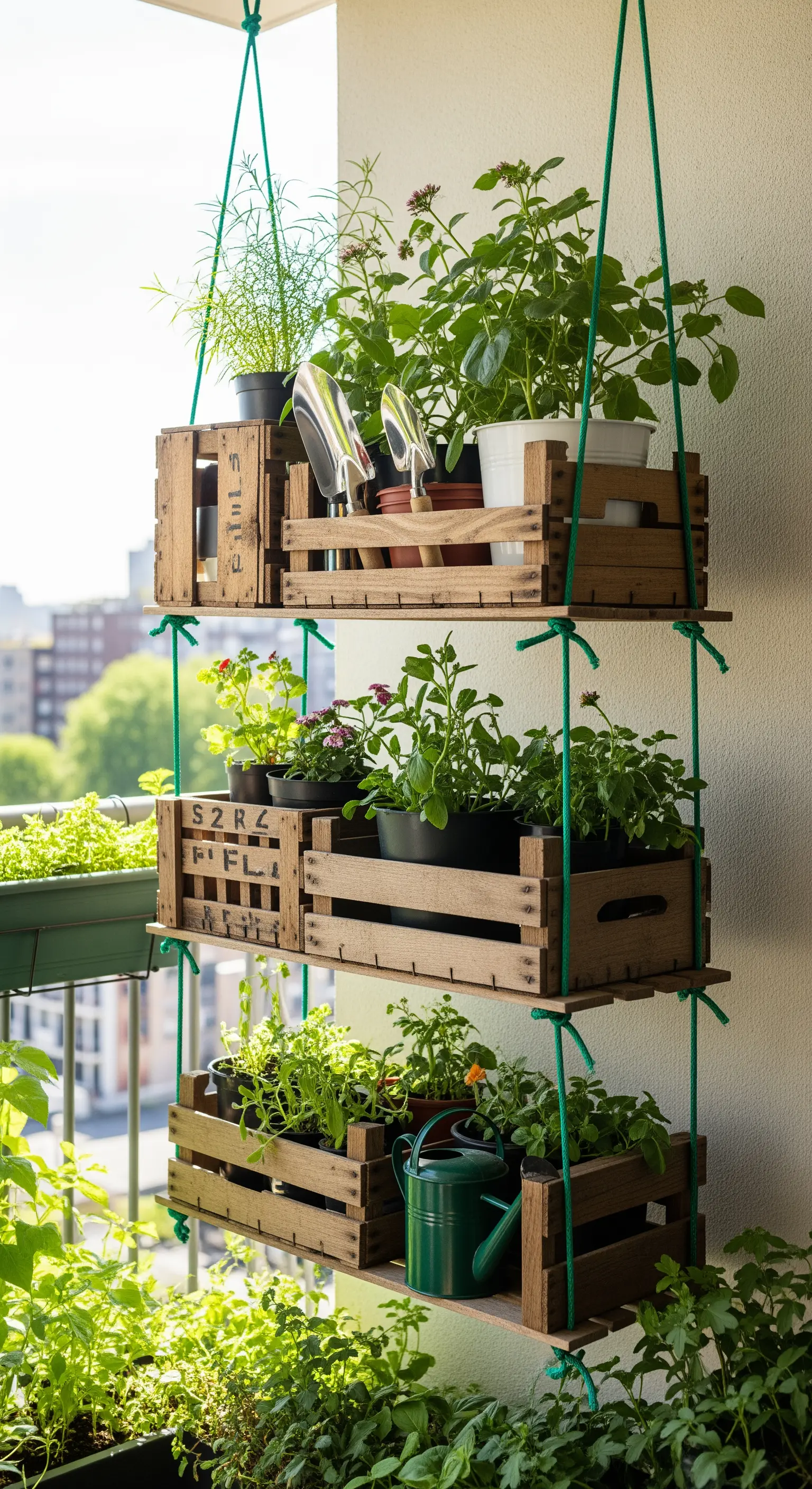 Fioriera sospesa a tre livelli fatta con cassette di legno e corde per un orto da balcone.
