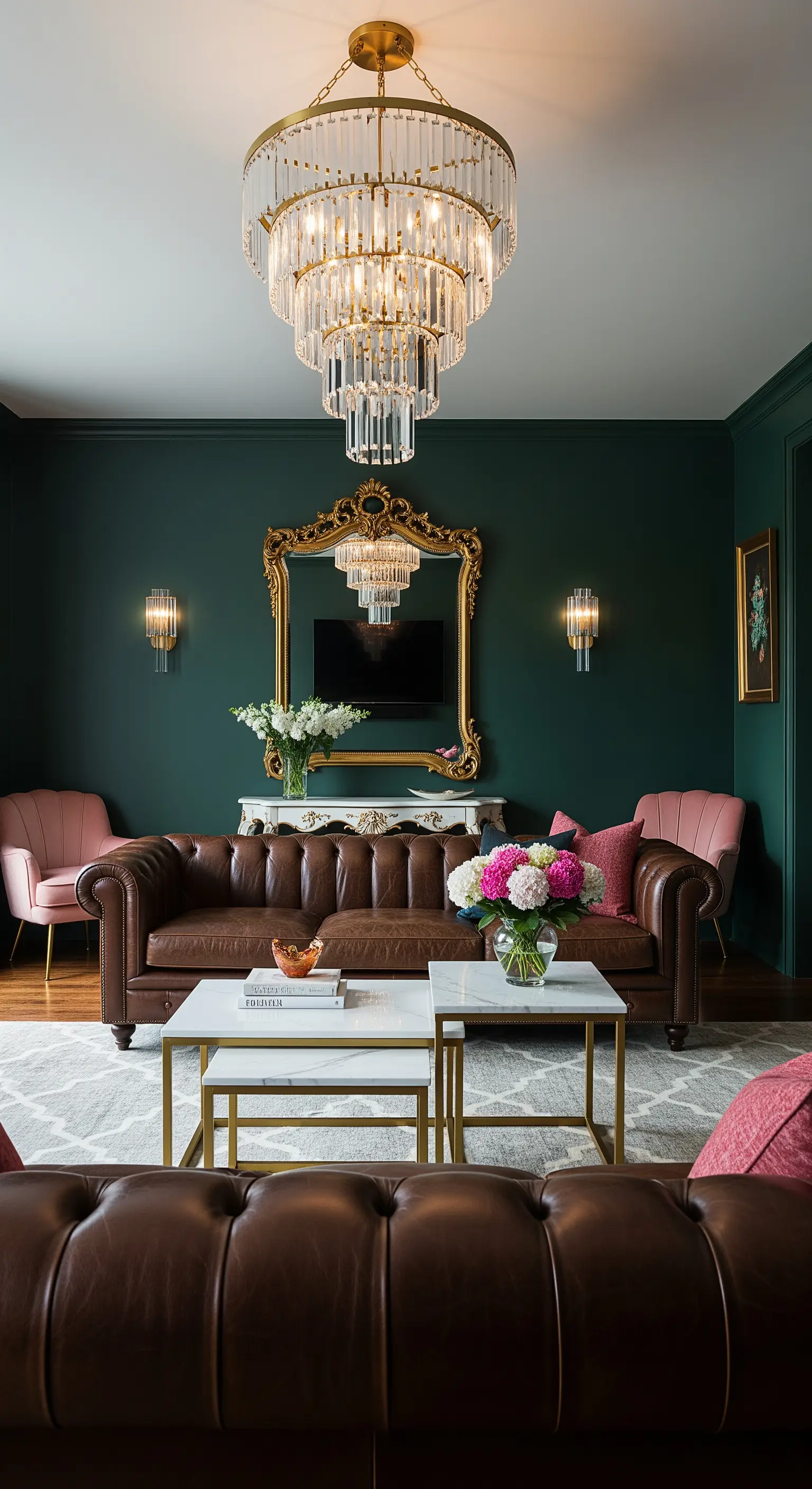 Salotto eclettico con pareti verde scuro, divano Chesterfield e poltrone rosa in velluto.