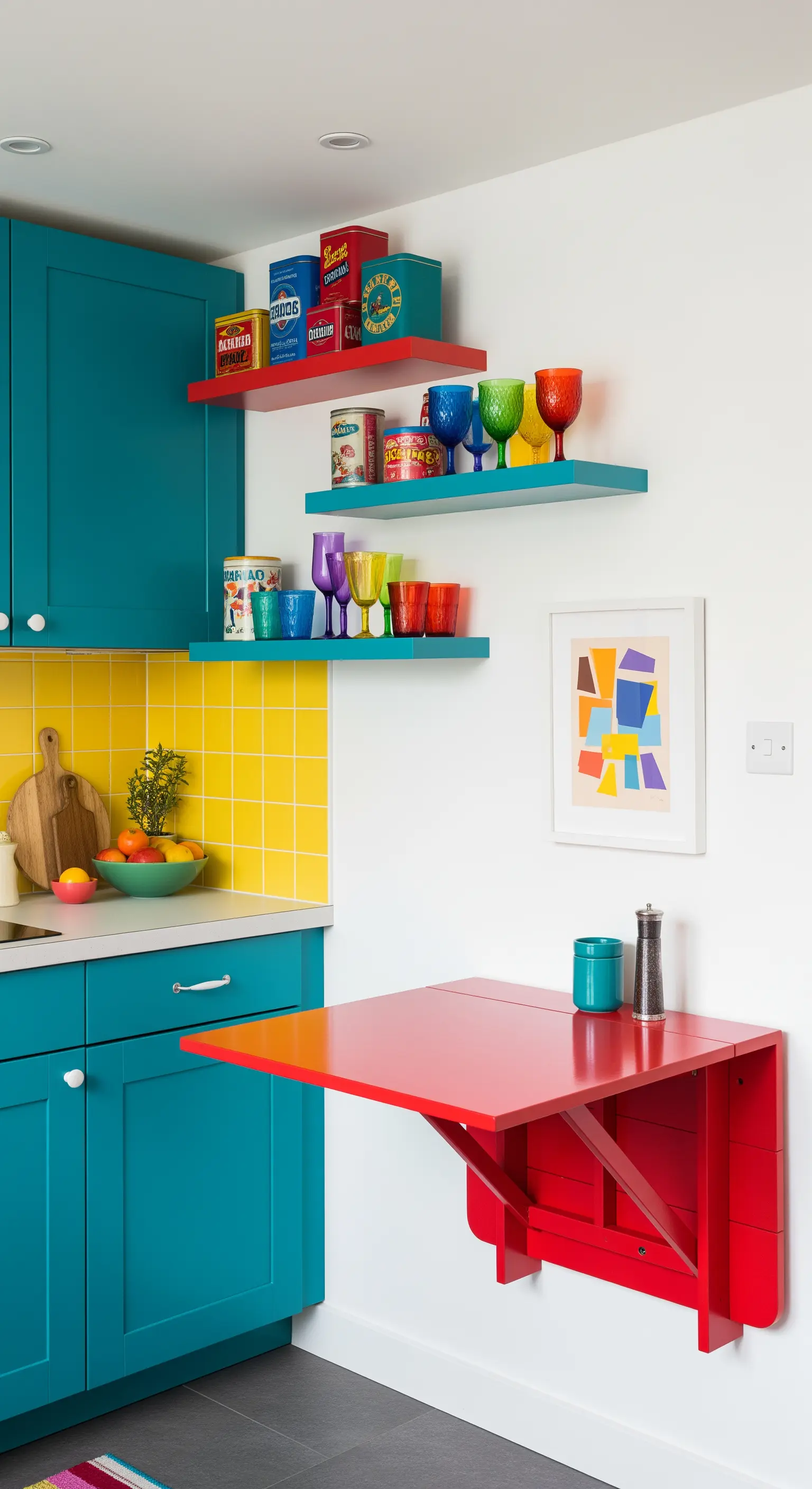 Cucina colorata con mobili teal, piastrelle gialle e un tavolo a ribalta rosso acceso.