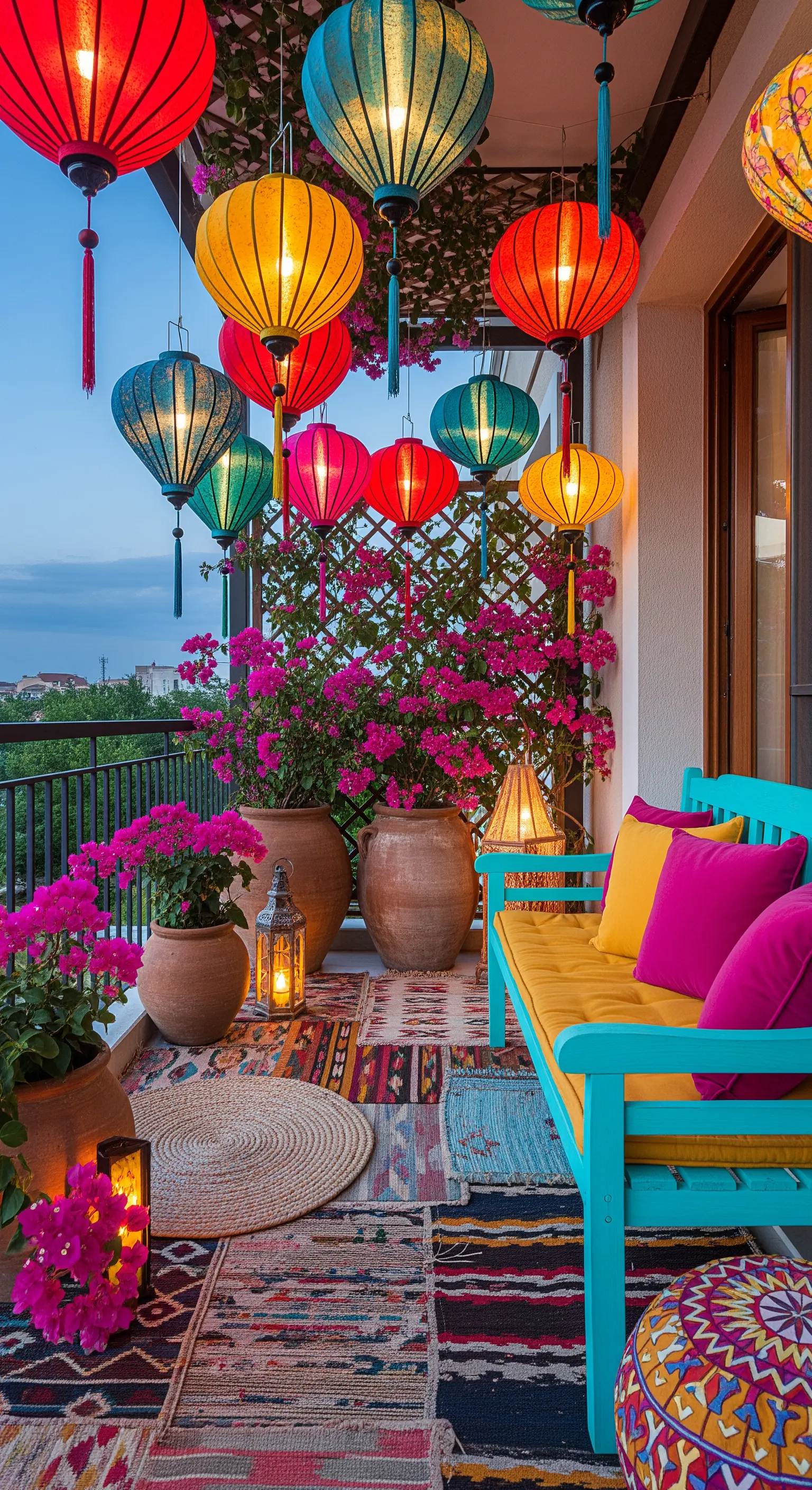Balcone coloratissimo con panca turchese, cuscini fucsia e lanterne di carta multicolore.