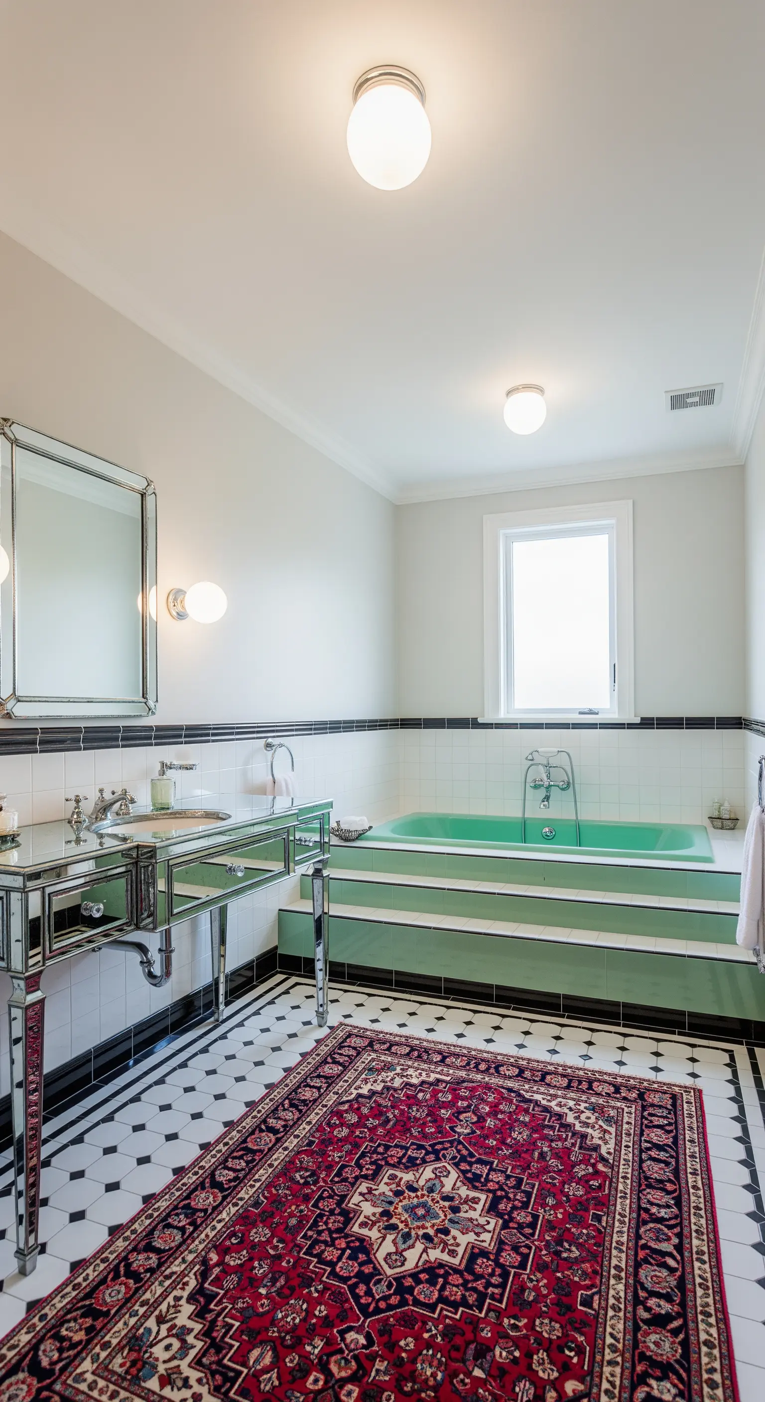 Bagno retrò con vasca verde, pavimento a scacchi e mobile lavabo specchiato.