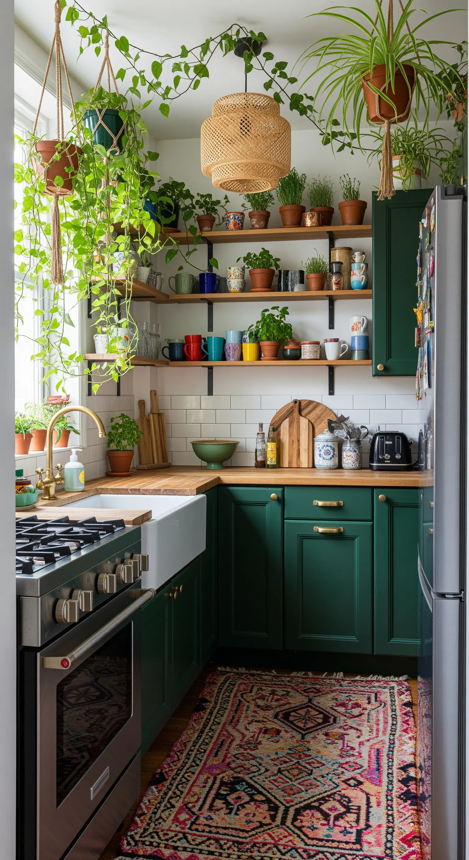 Cucina piccola con mobili verde scuro, mensole in legno e una profusione di piante verdi.