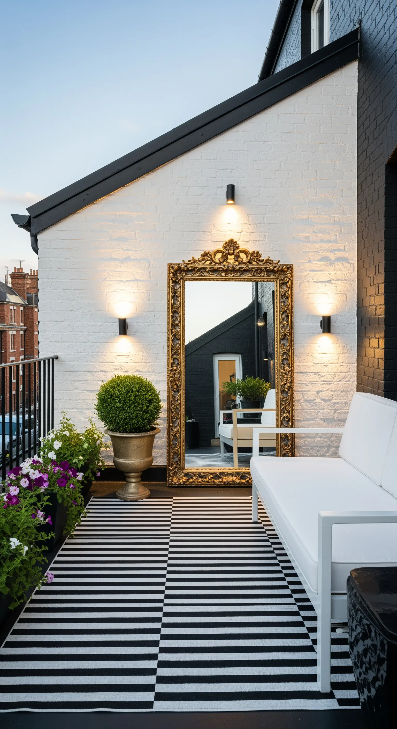 Balcone con parete in mattoni bianchi, tappeto a righe black & white e specchio dorato barocco