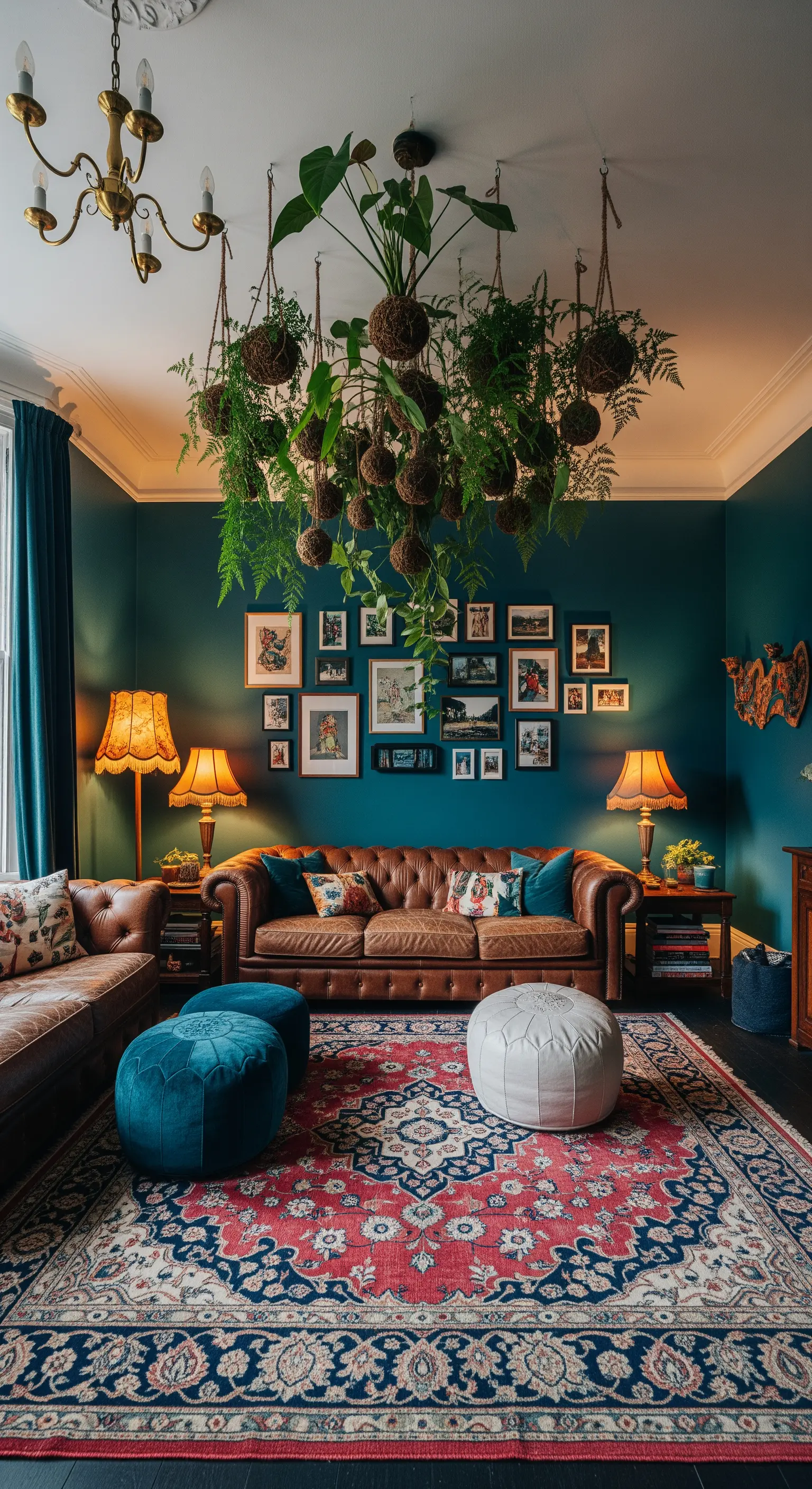 Installazione di piante Kokedama sospese sopra un divano Chesterfield in un salotto con pareti scure.