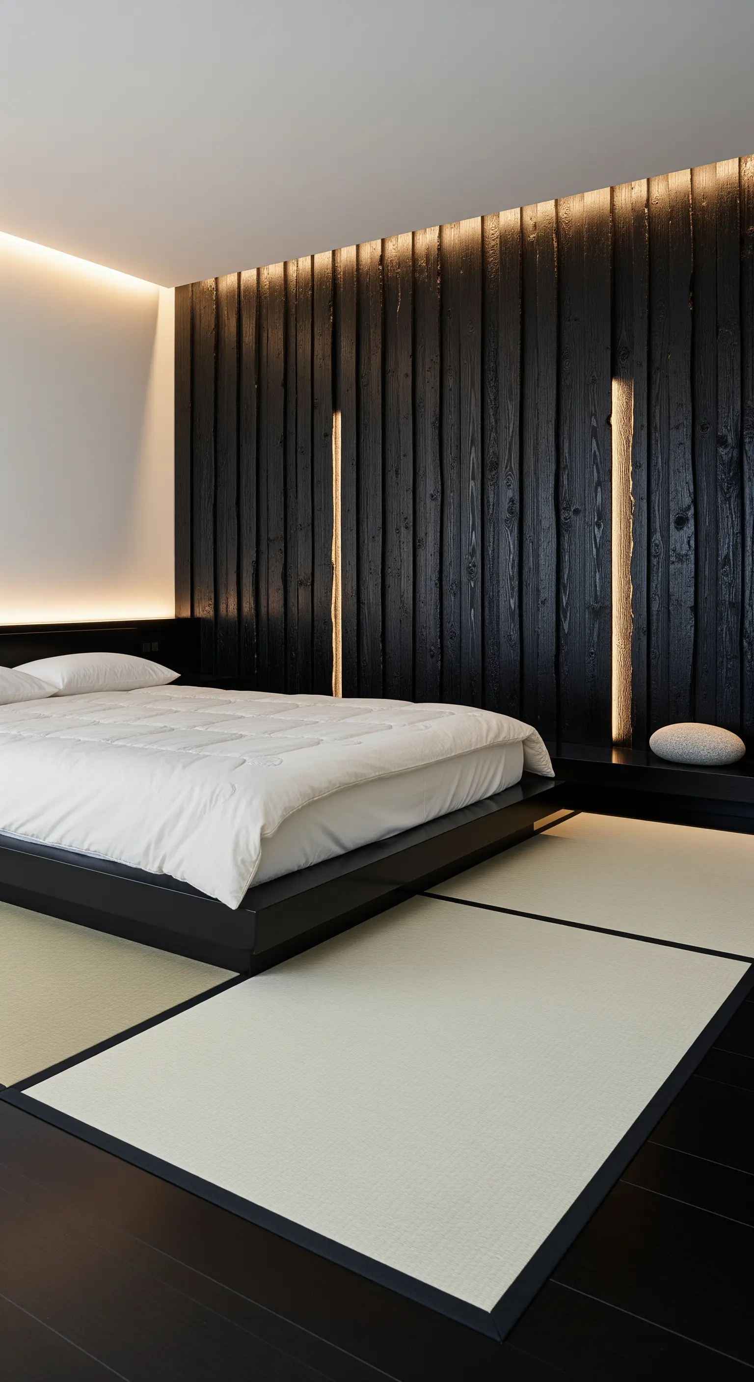 Camera da letto con parete in legno nero testurizzato e illuminazione integrata.