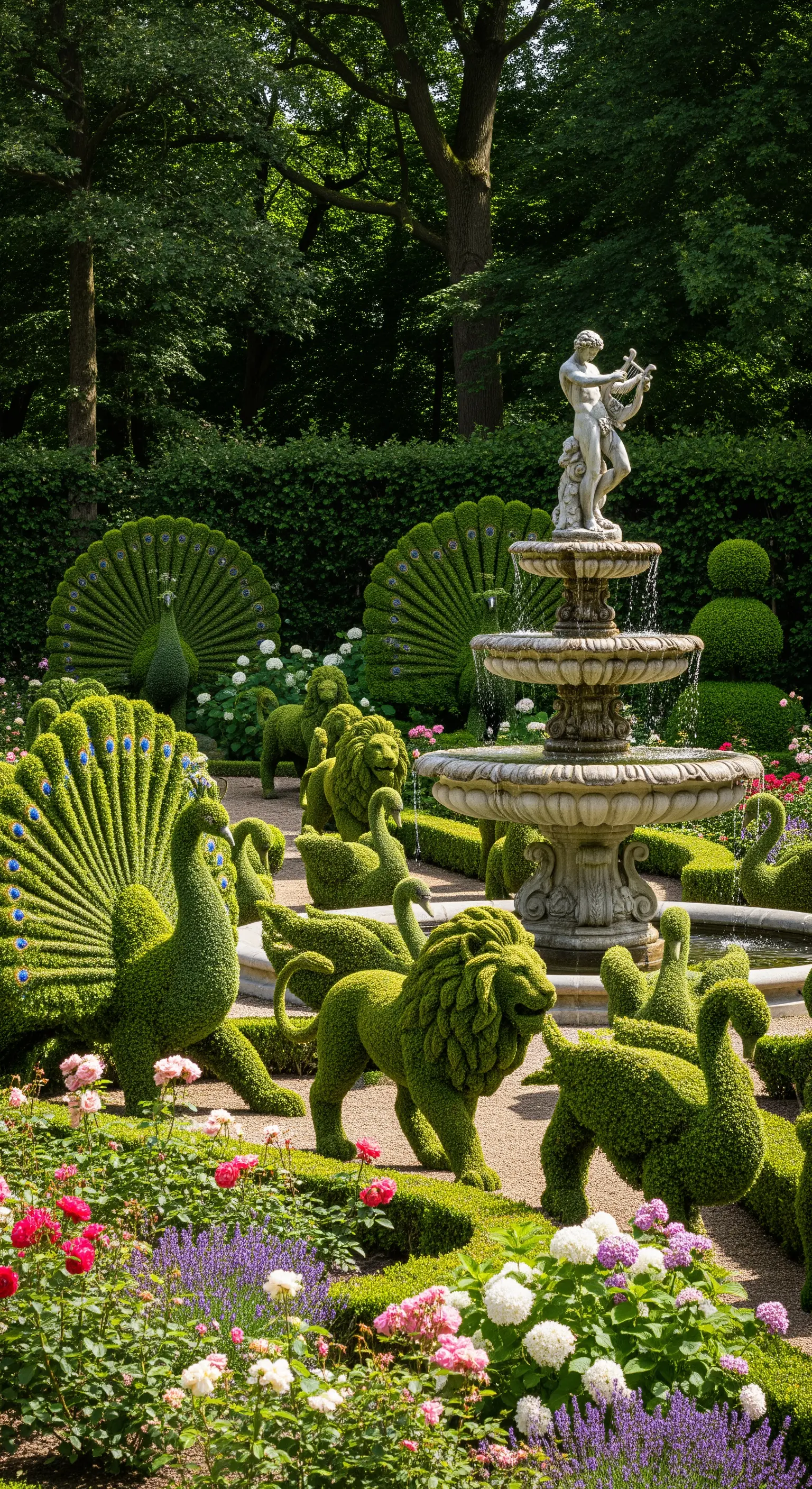 Giardino fantastico con sculture topiaria a forma di pavoni e leoni attorno a una fontana classica