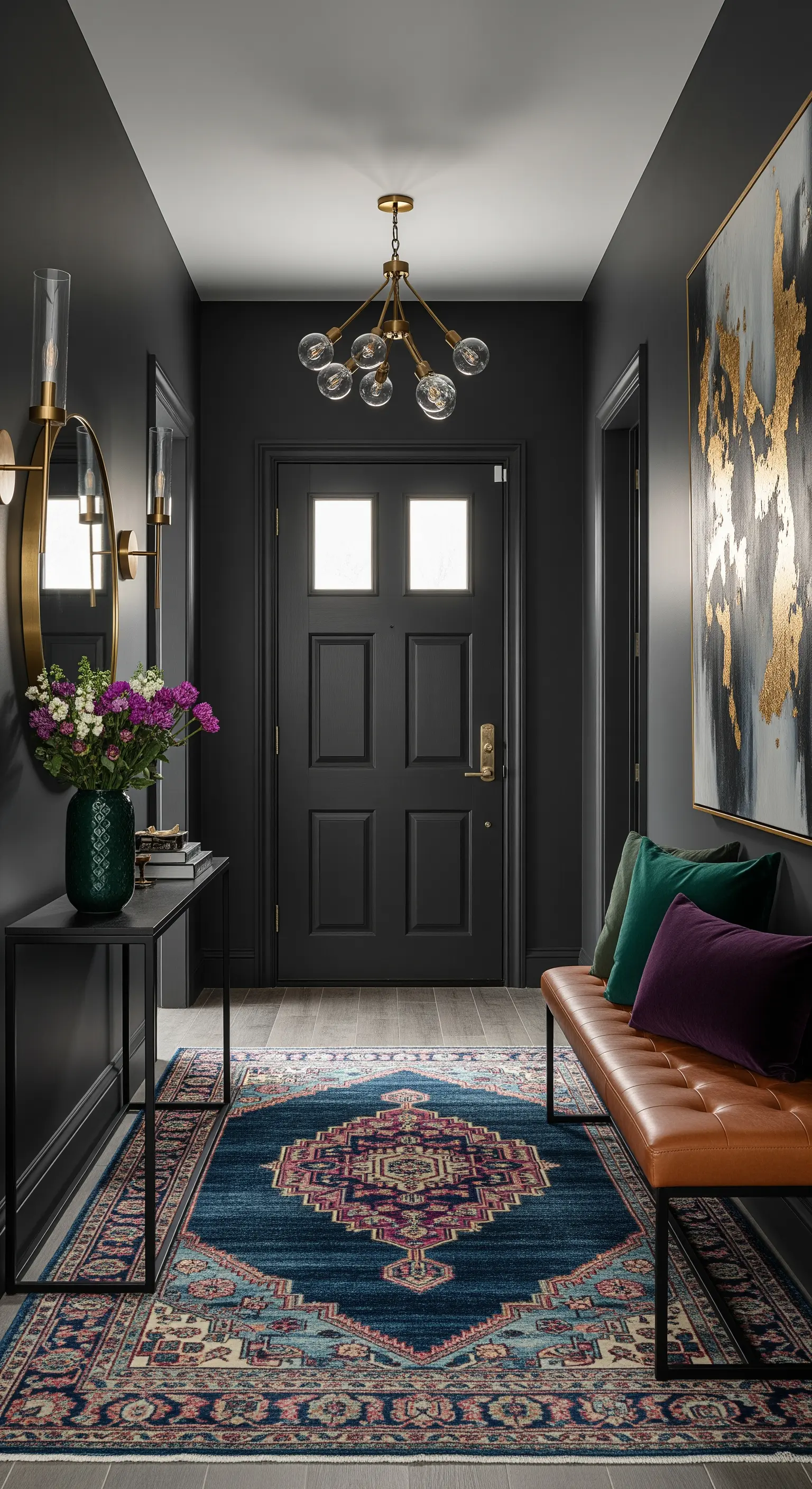 Ingresso elegante con pareti color antracite, tappeto persiano blu e dettagli in ottone.