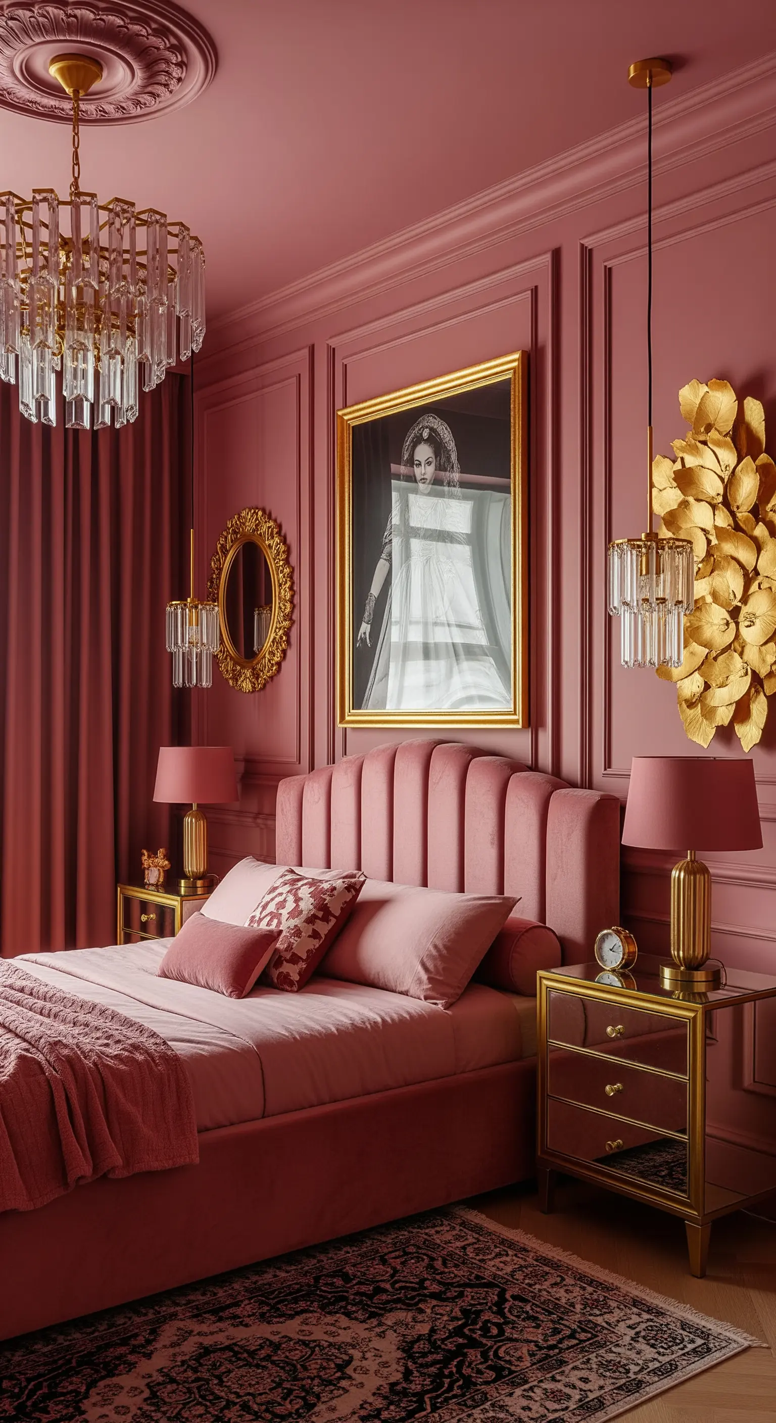 Camera da letto monocromatica in rosa antico con abbondanti dettagli dorati e specchi.